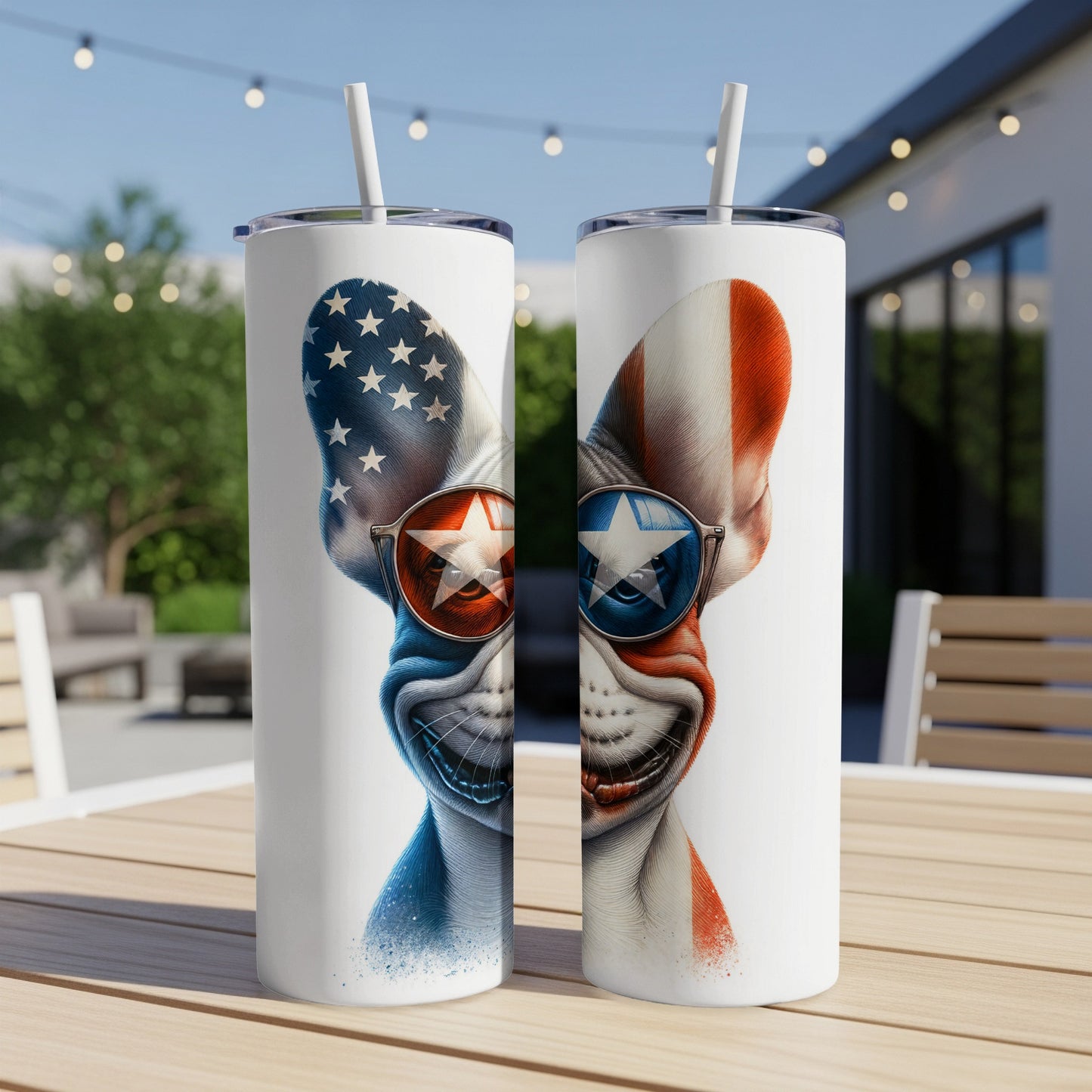 French bulldog tumblers with patriotic flag sunglasses.