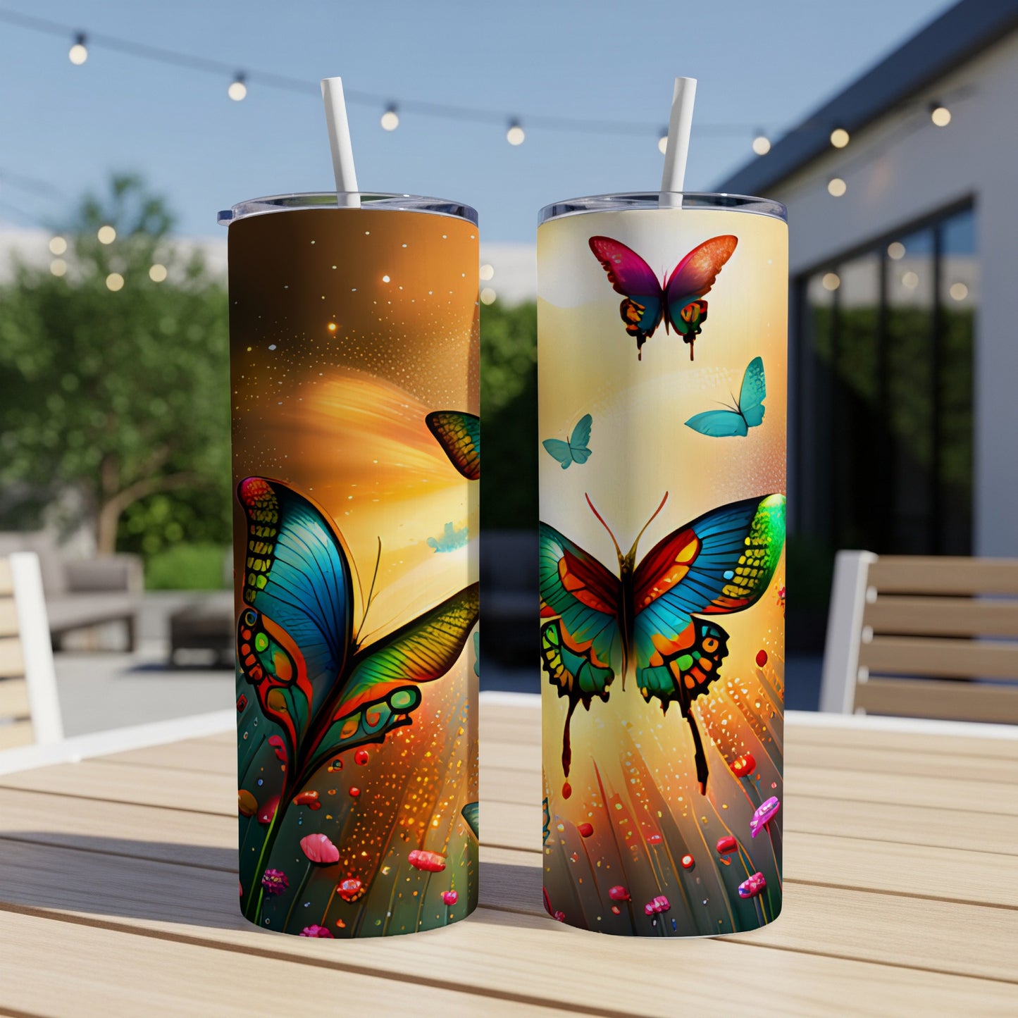 Two tumblers with colorful butterfly and floral designs on a table.