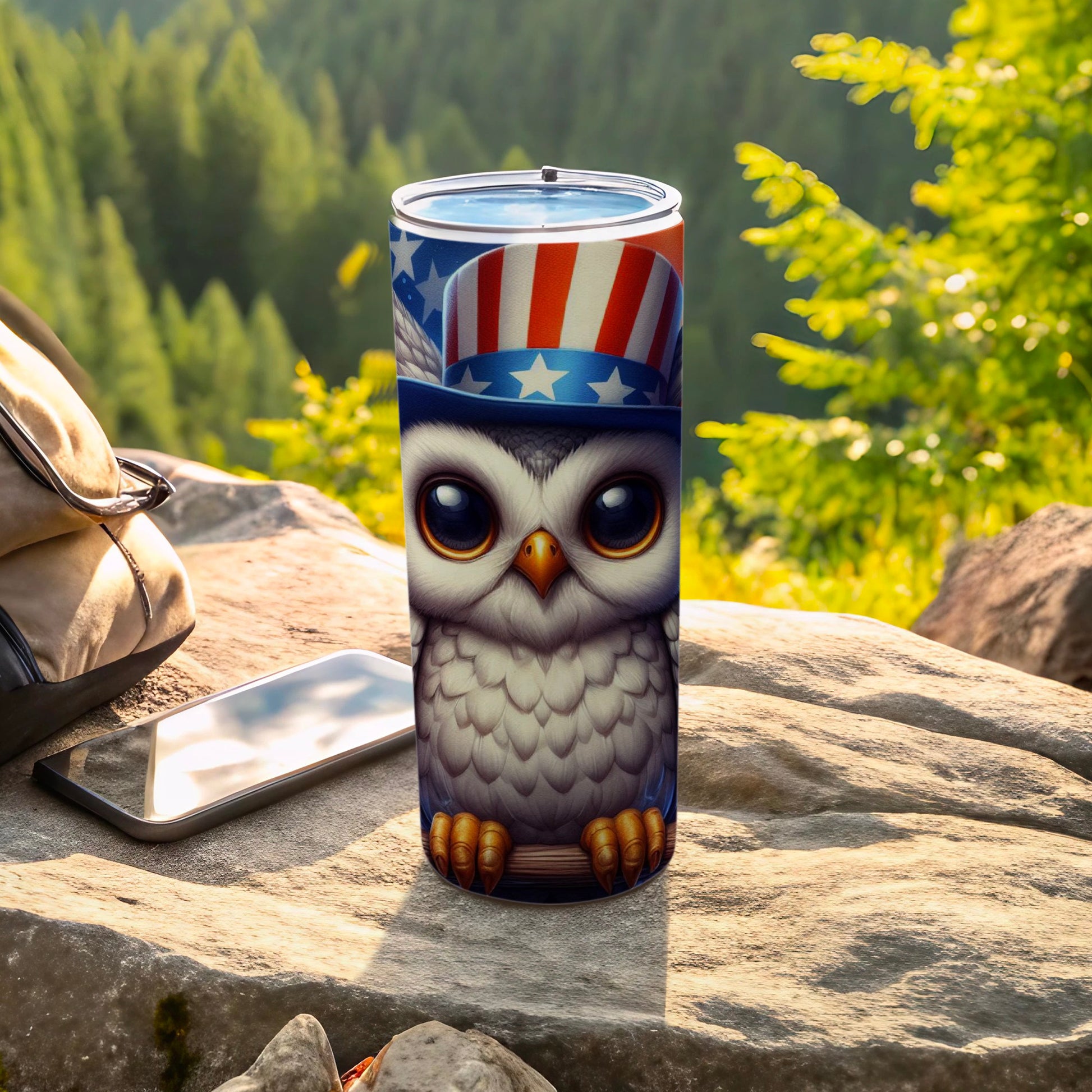 Owl wearing an Uncle Sam hat, patriotic design on tumbler, outdoor setting.