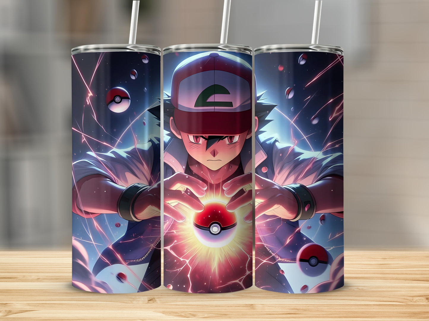 Anime Character Holding Glowing Pokeball Tumbler