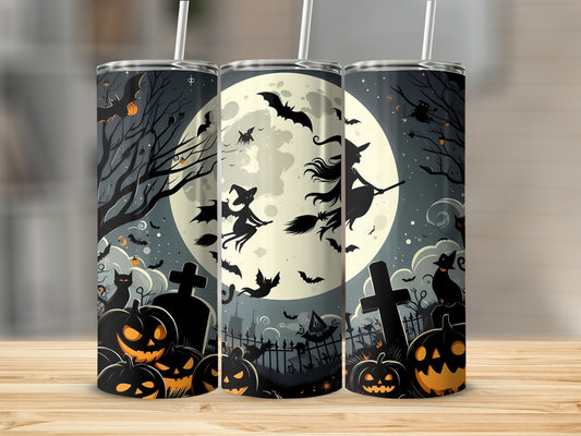 Spooky Halloween Witch and Pumpkins Scene Tumbler