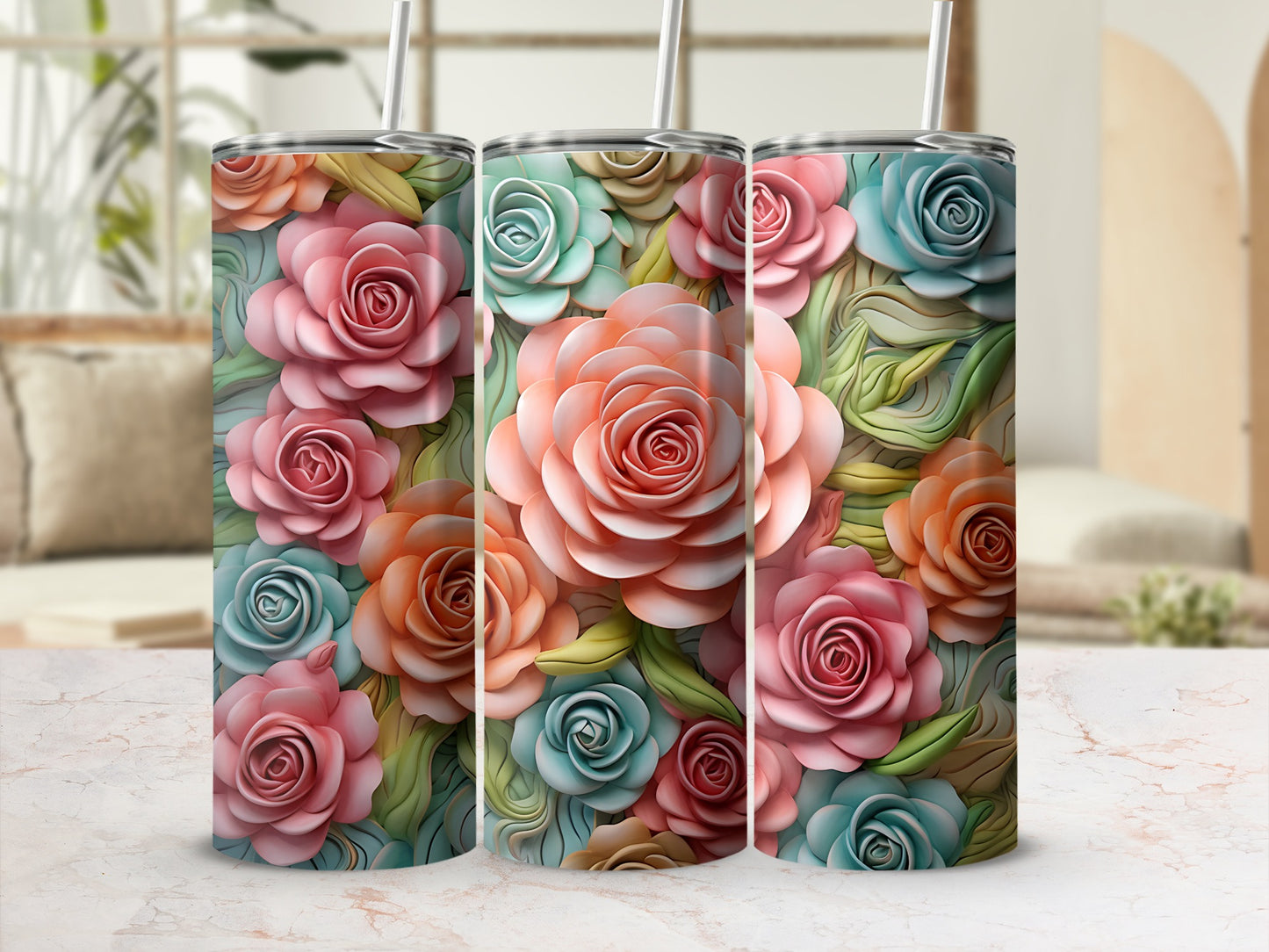 Floral tumbler with roses and leaves in shades of pink, blue, and green.