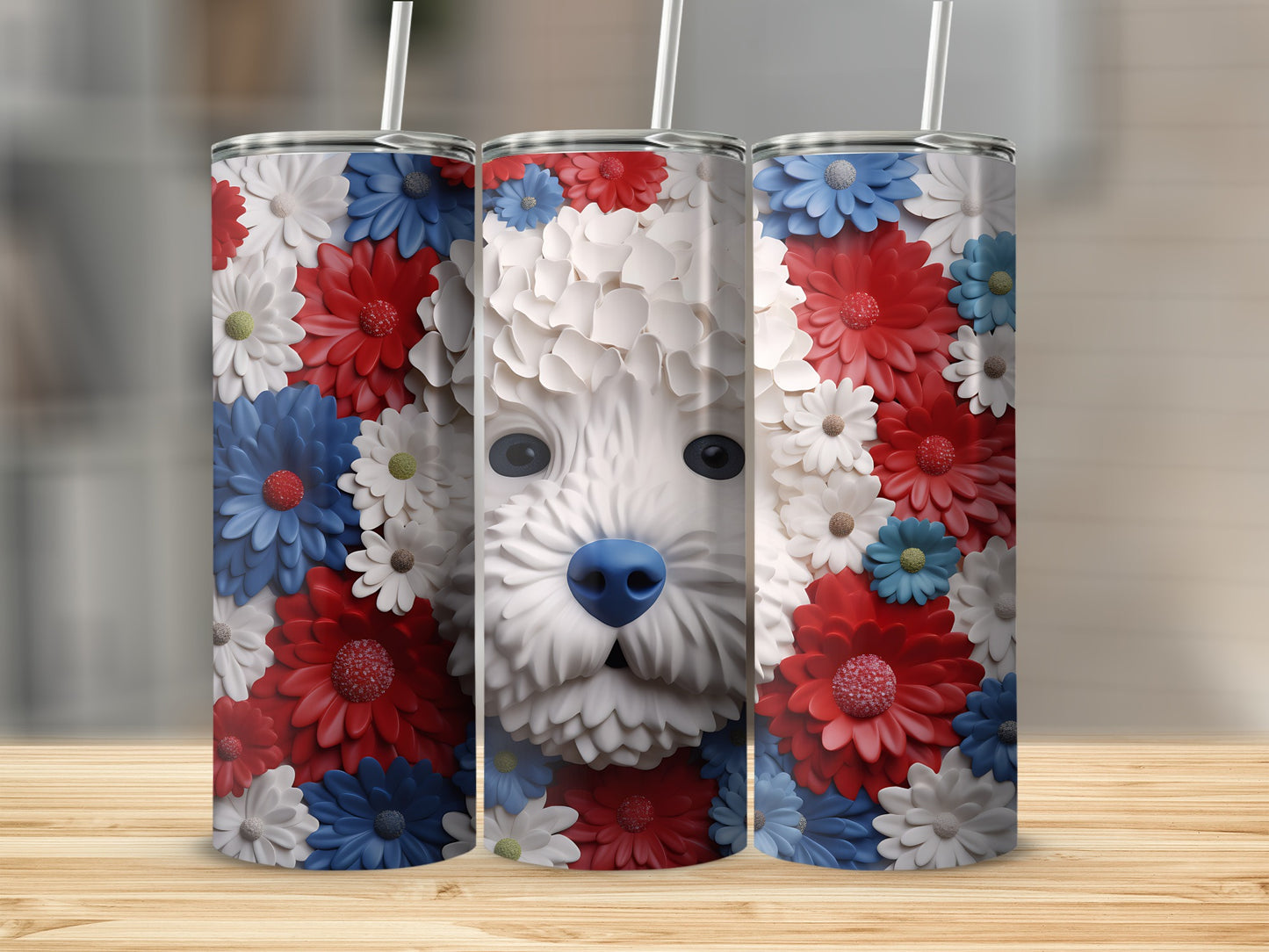 White dog face with red, white, and blue flowers on a tumbler.