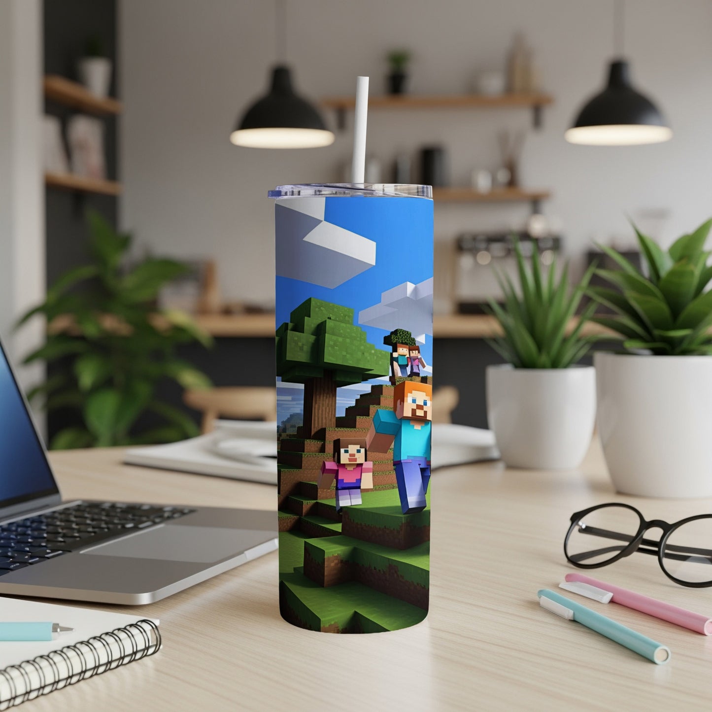 Minecraft characters Steve and Alex on a grassy landscape tumbler.