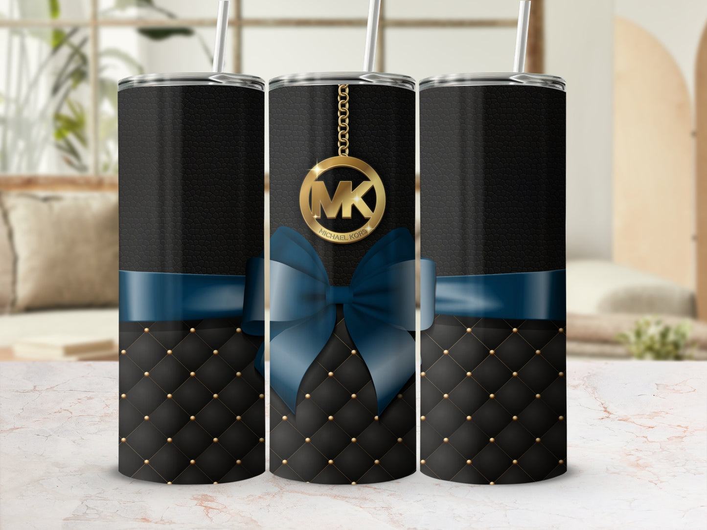 Elegant Black and Blue Quilted Tumbler with Straw
