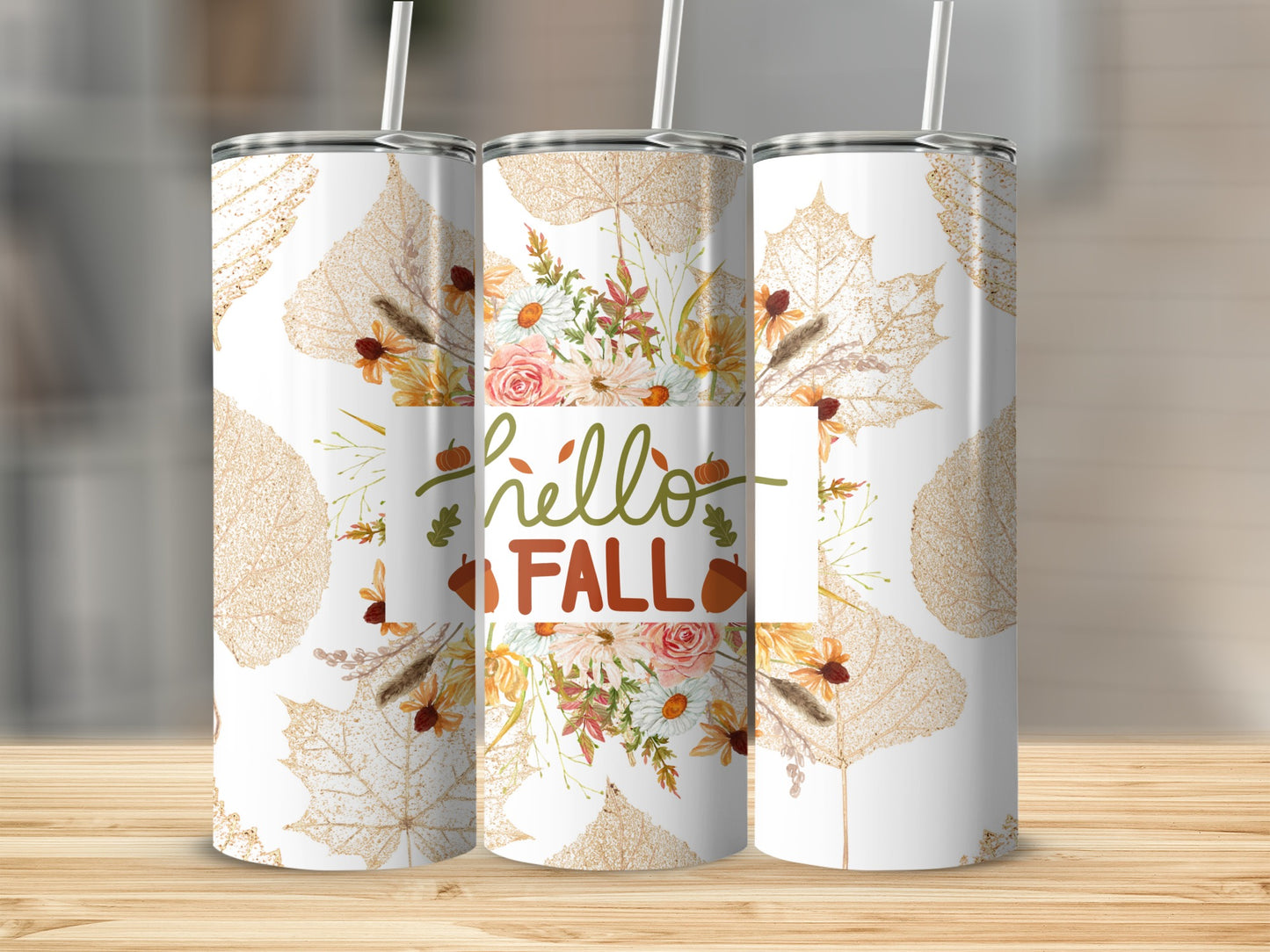 Hello Fall Autumn Leaves Floral Design Tumbler