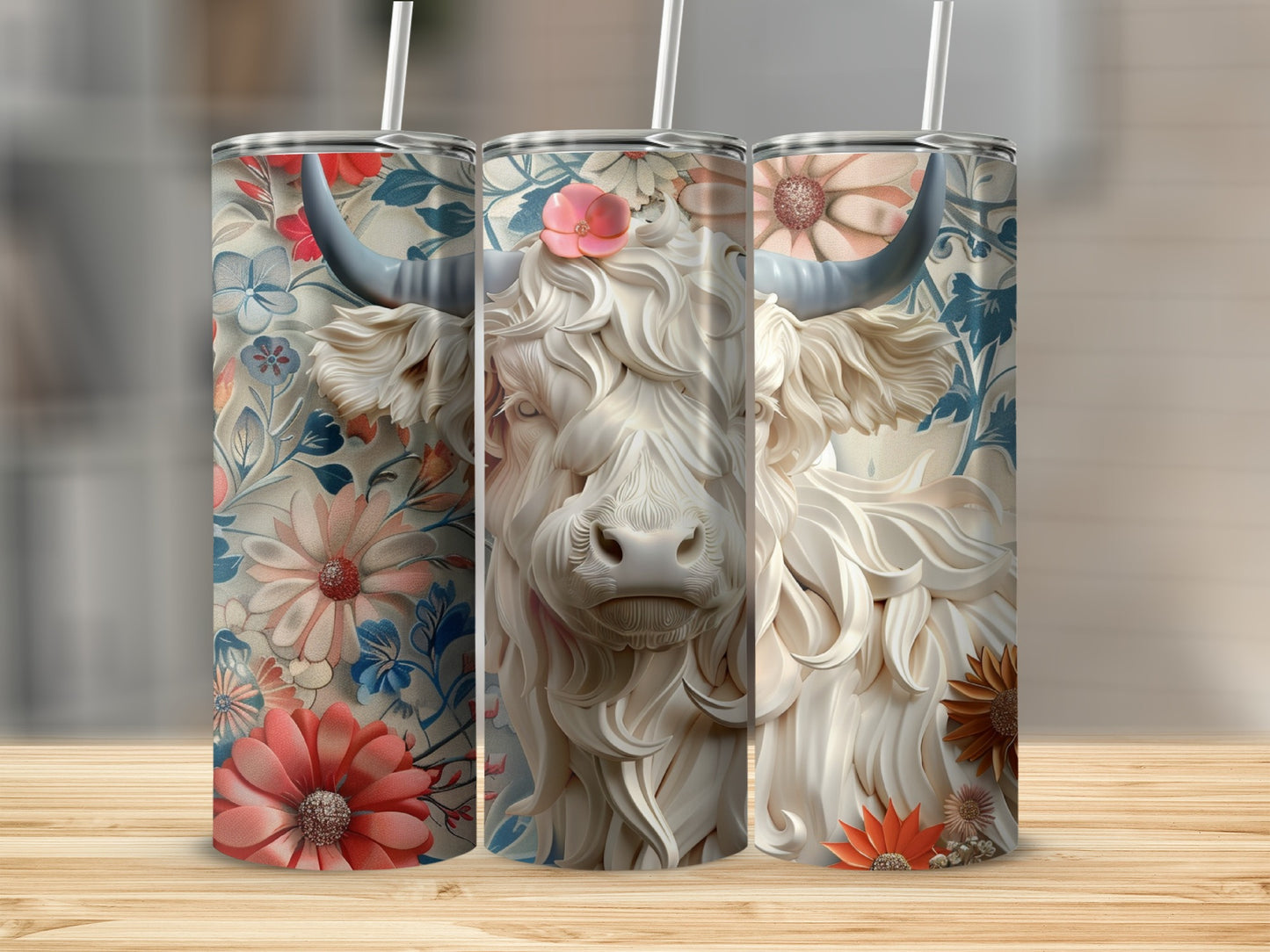 Highland cow with floral accents on a white tumbler.