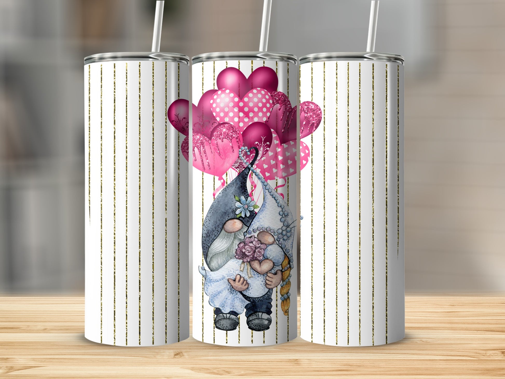 Cute Gnome Holding Balloon Tumbler with Stripes