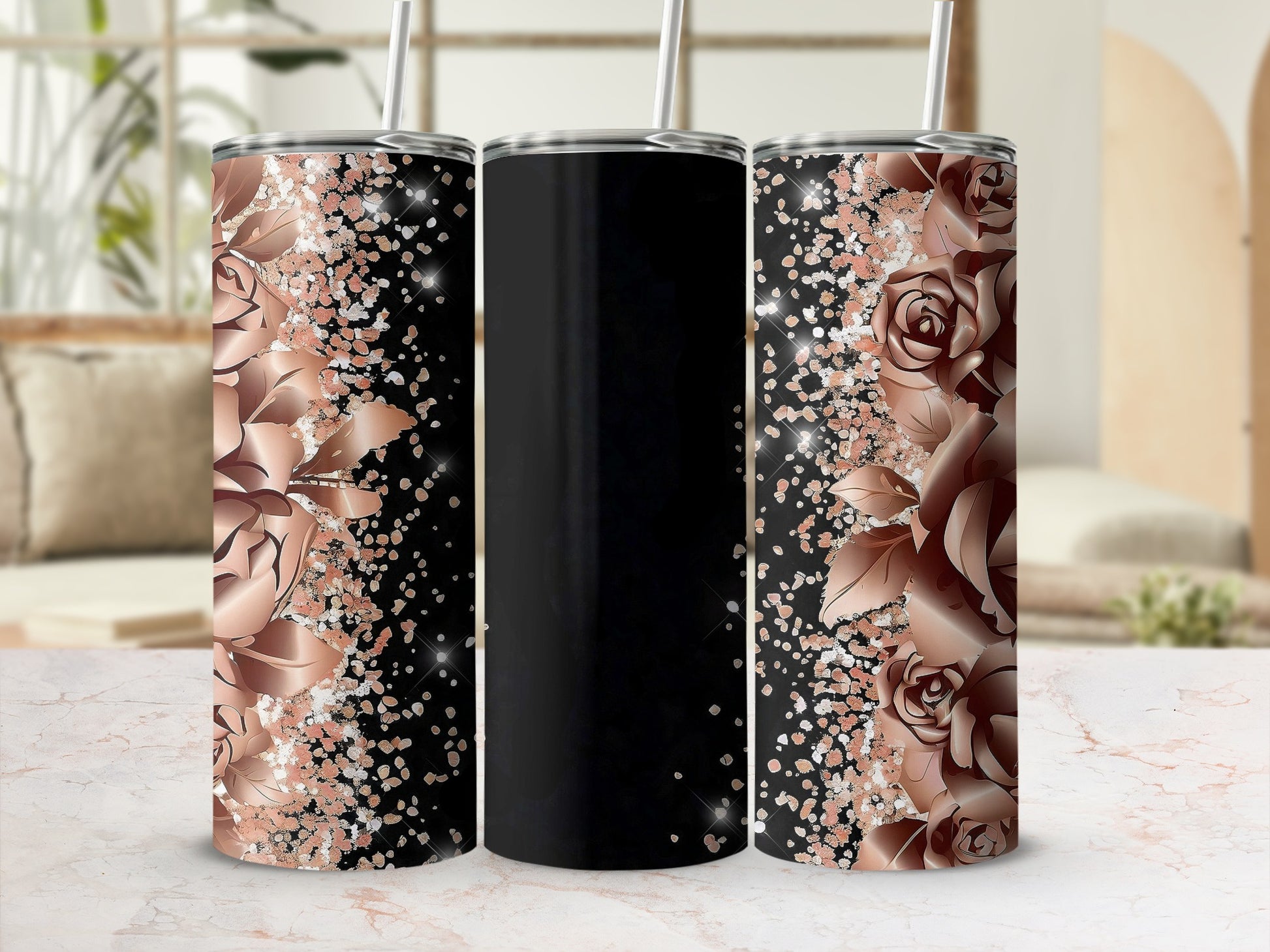 Black tumbler with rose gold floral and glitter accents.