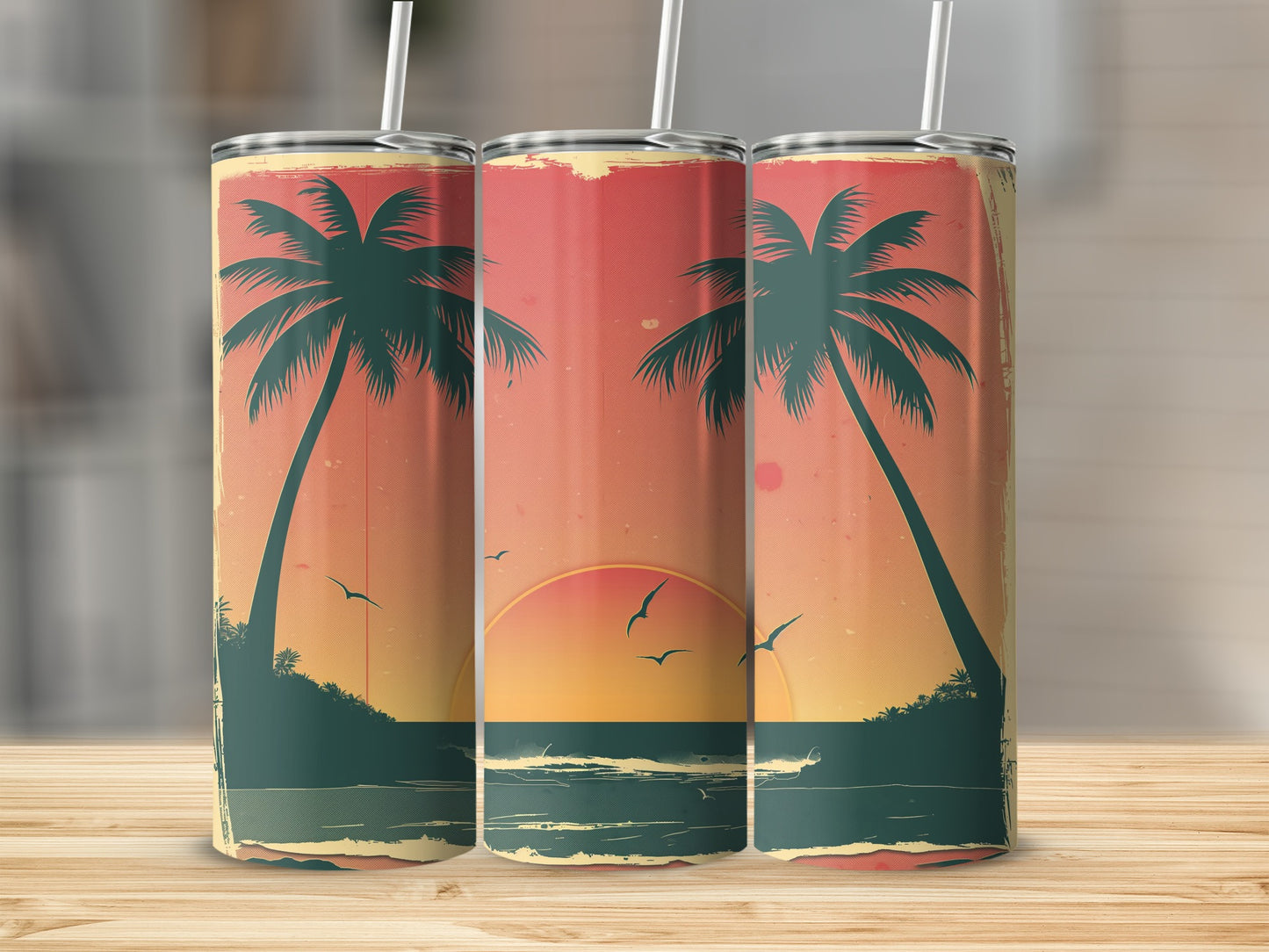 Three tumblers featuring a sunset beach scene with palm trees and ocean waves.