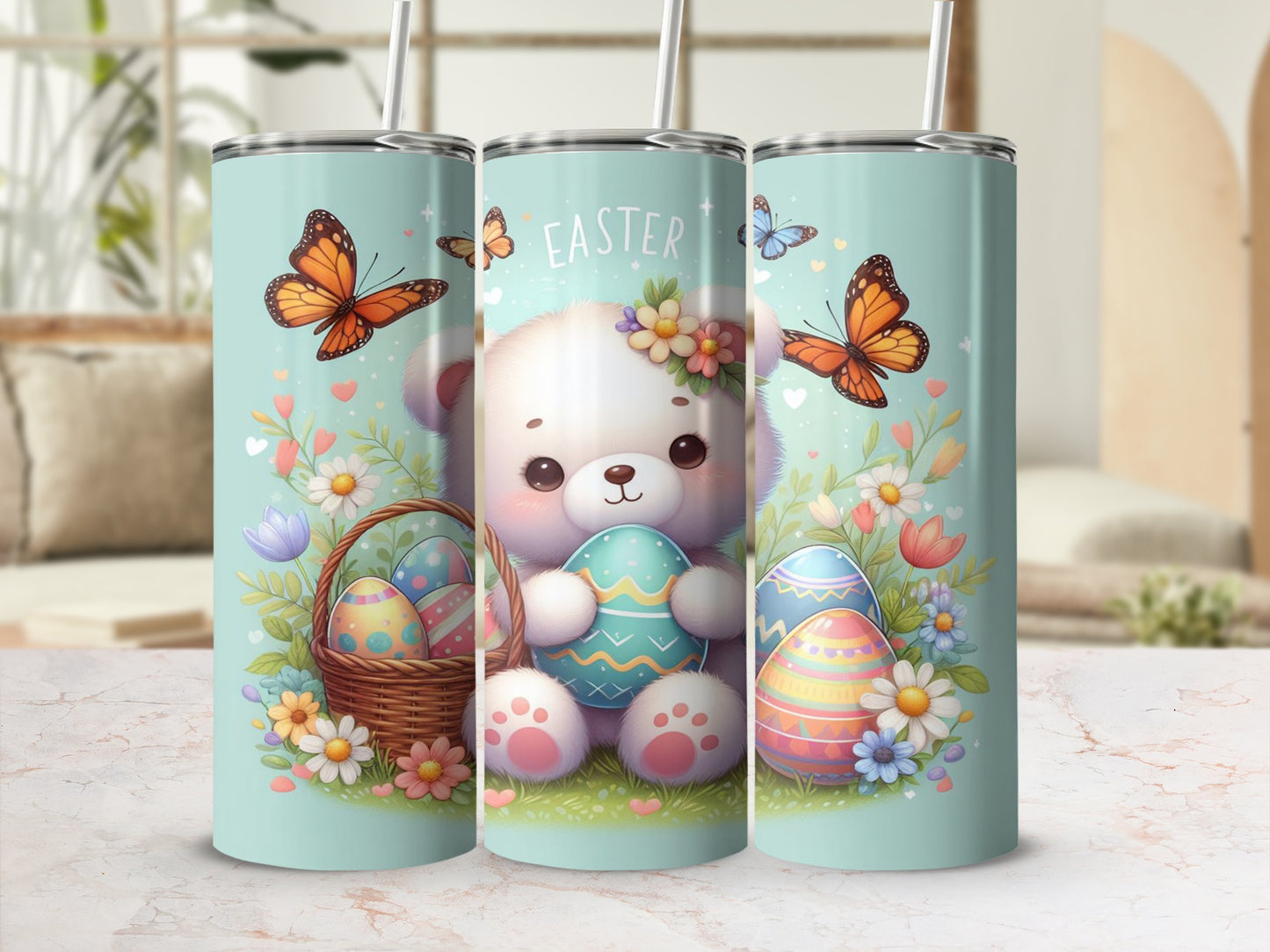 Cute teddy bear with Easter eggs and butterflies on a pastel background.