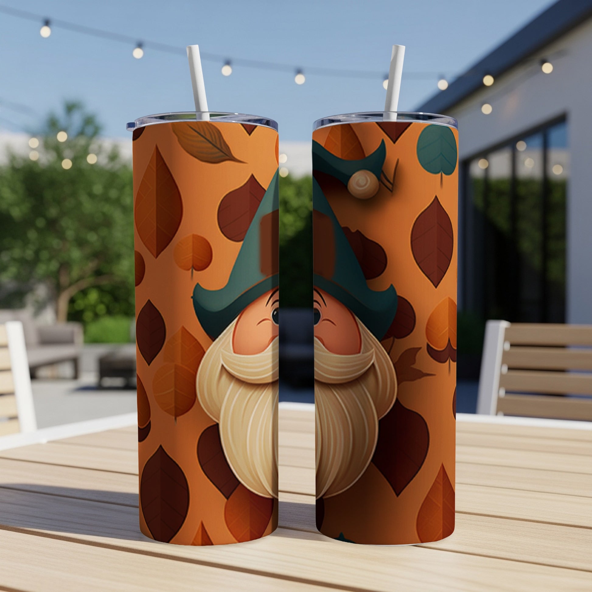 Two tumblers with a gnome design on an autumn leaf background.