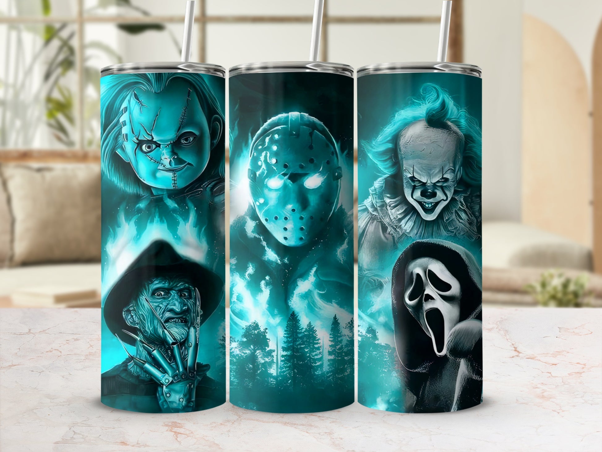 Tumblers featuring Chucky, Jason Voorhees, Freddy Krueger, Pennywise, and Ghostface.