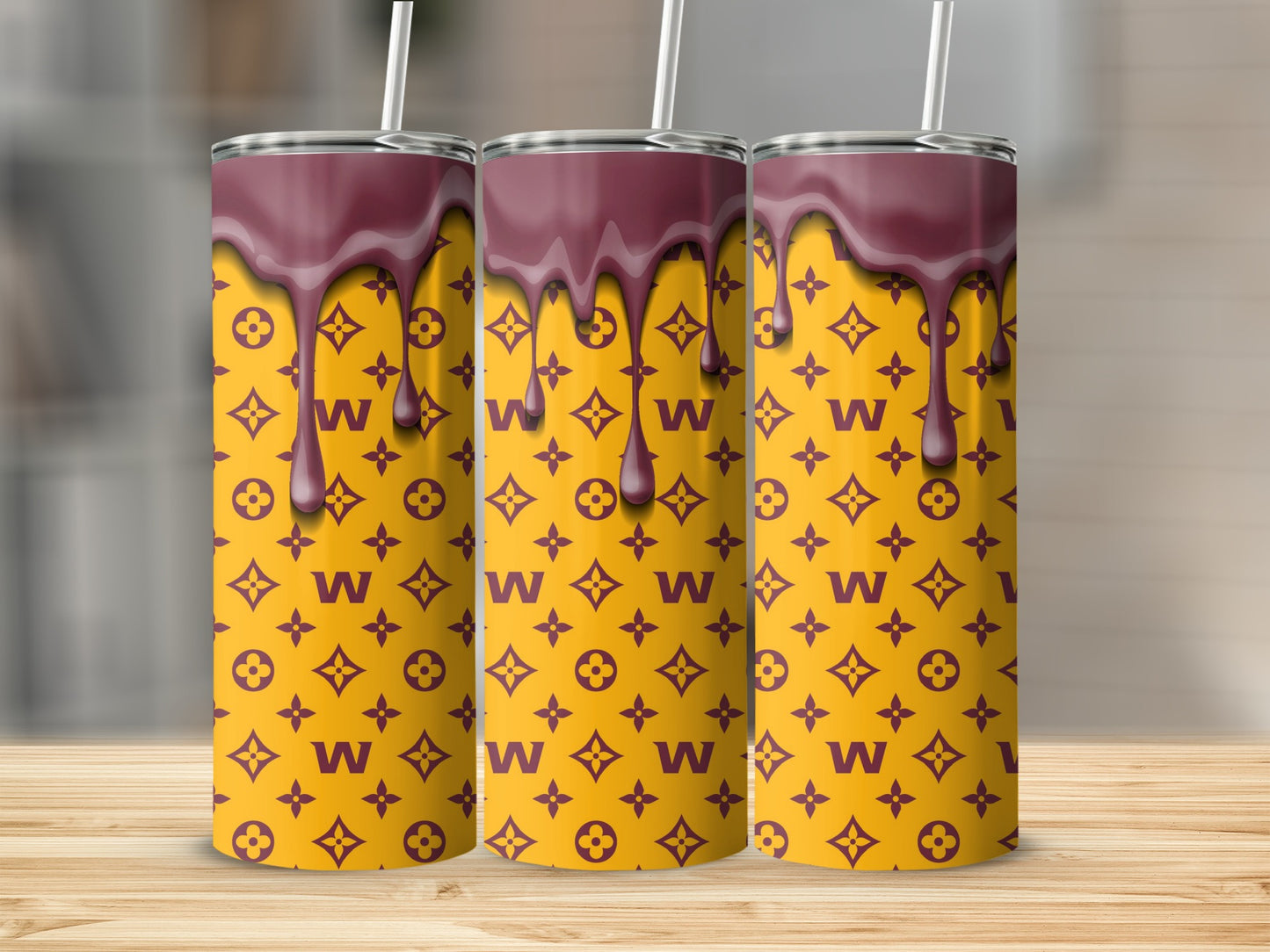 Yellow Background with Pattern and Burgundy Drip Tumblers