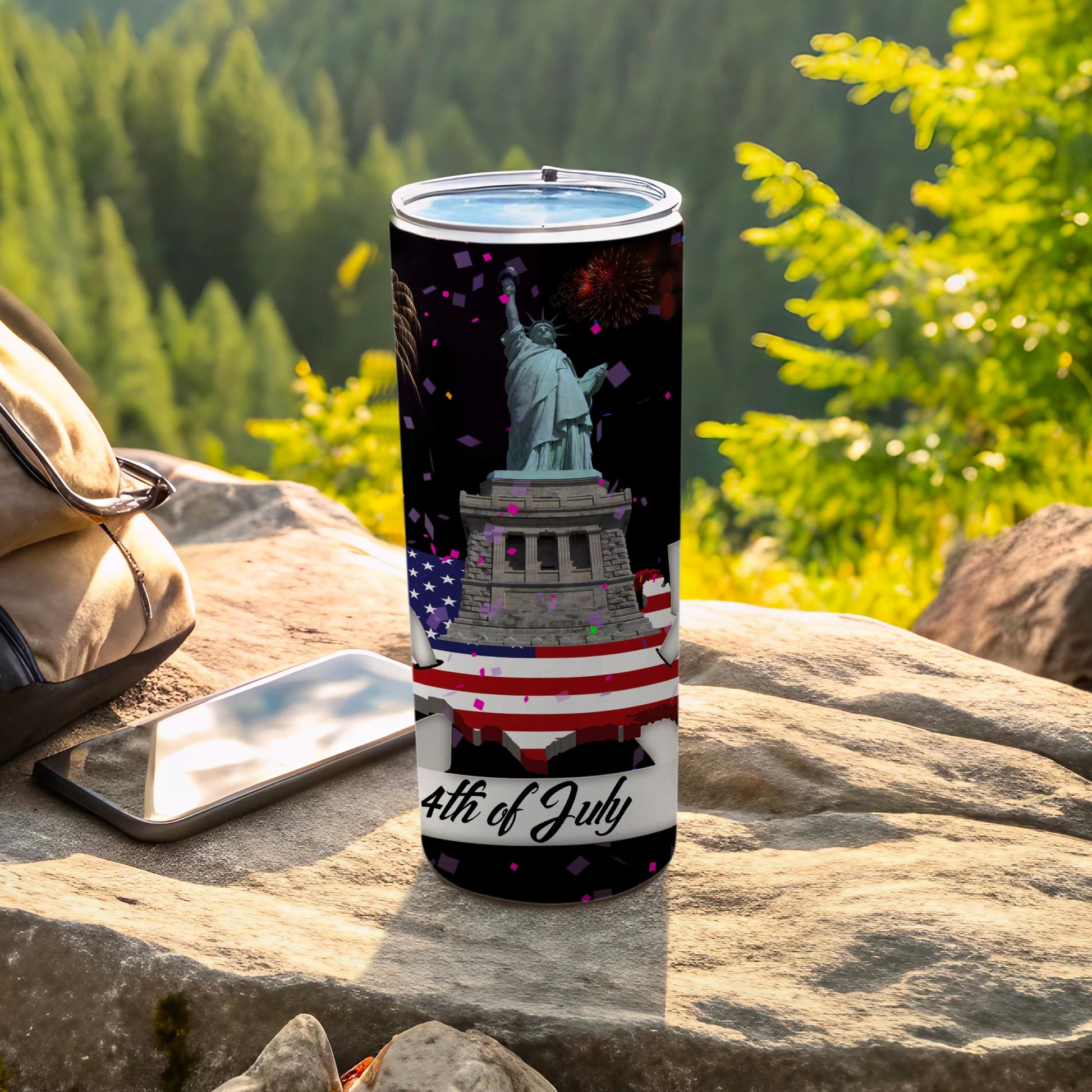 Statue of Liberty and fireworks on a 4th of July tumbler.