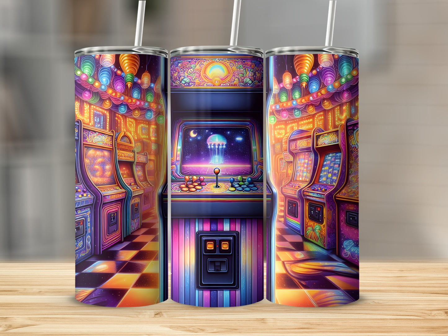 Three colorful arcade game cabinets lit by strings of festive lanterns.