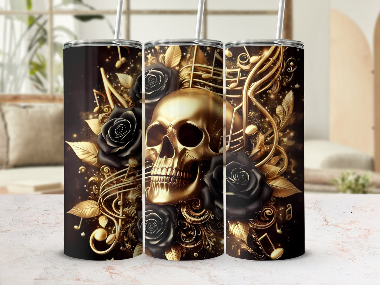 Gold skull with black roses and musical notes on a dark background.