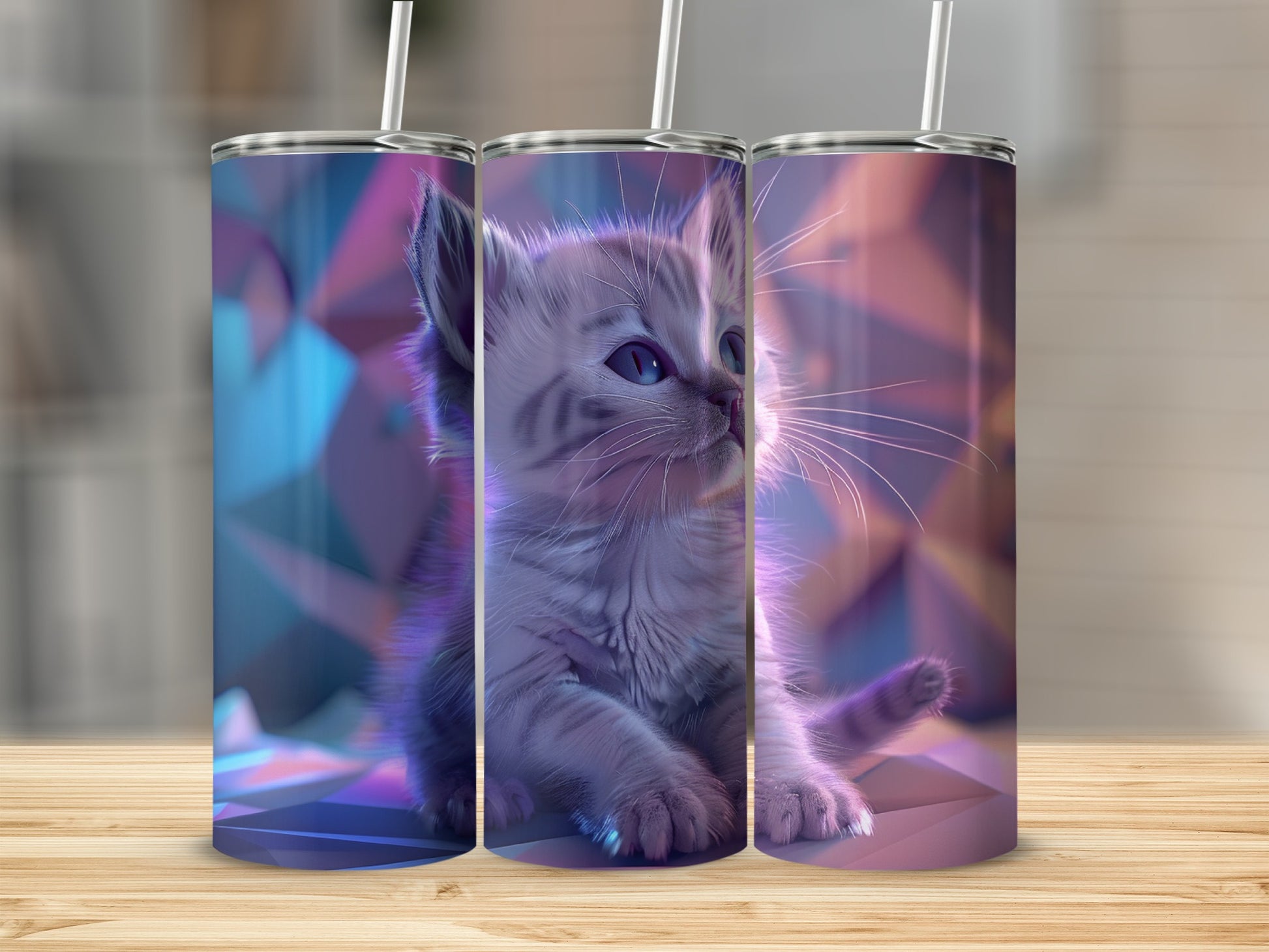 Triptych of a grey tabby kitten with blue eyes on a geometric background.