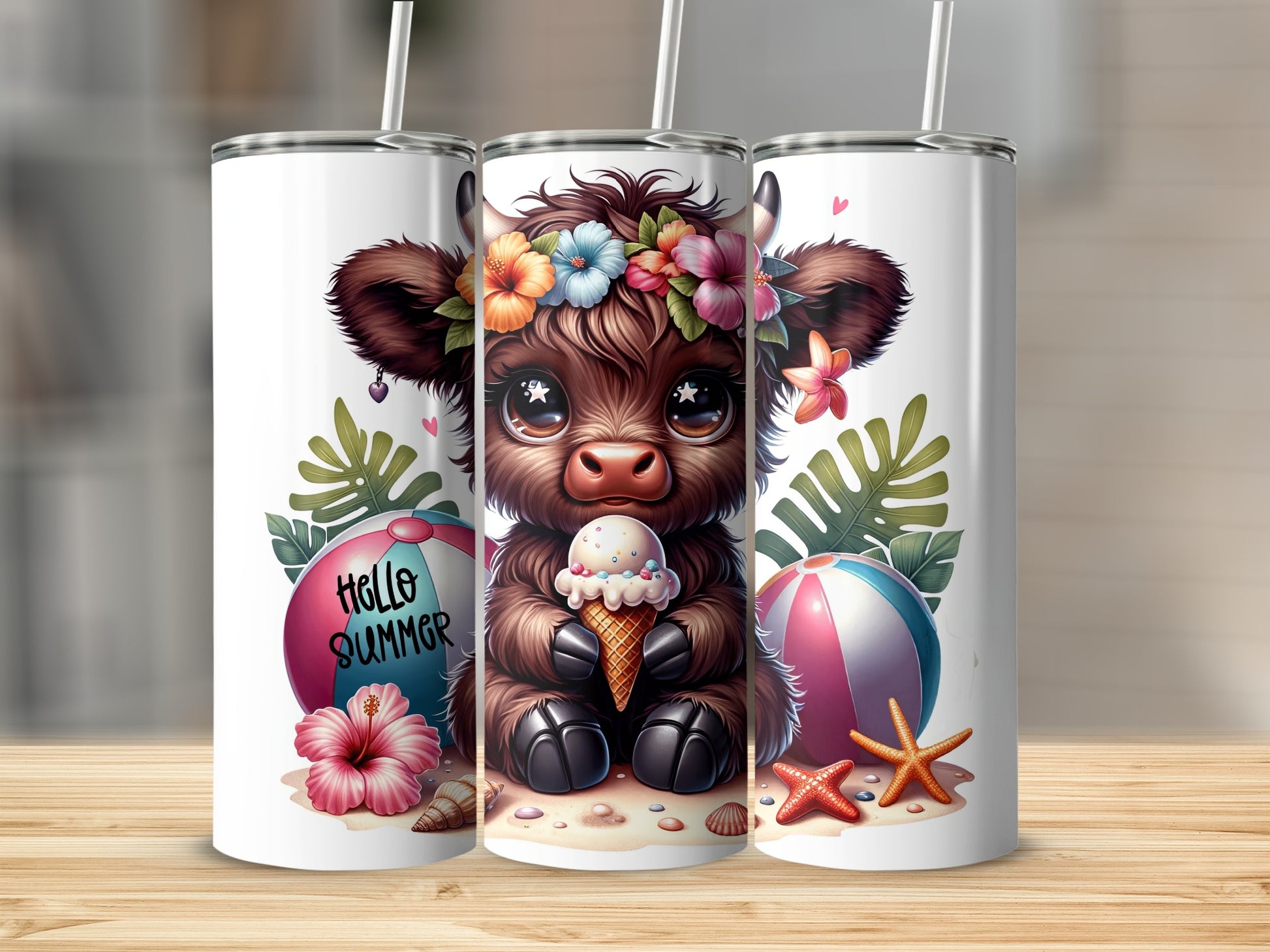 Cute baby Highland cow wearing flower crown holds ice cream cone.