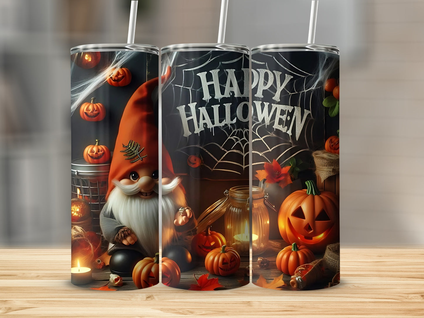 Halloween tumbler with gnome, pumpkins, spiderwebs, and "Happy Halloween" text.
