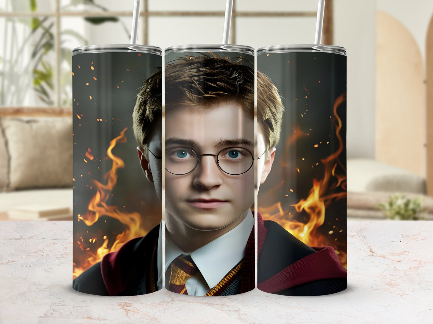Harry Potter character portrait on a stainless steel tumbler with fire background.