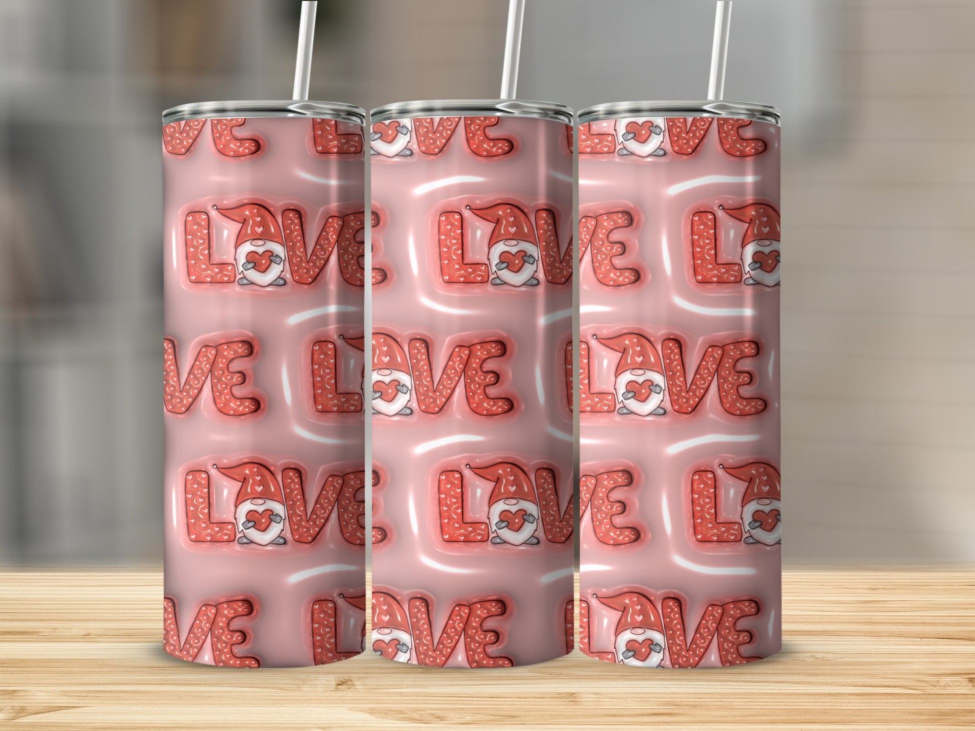 Cute Pink LOVE Heart Tumbler with Straw Design