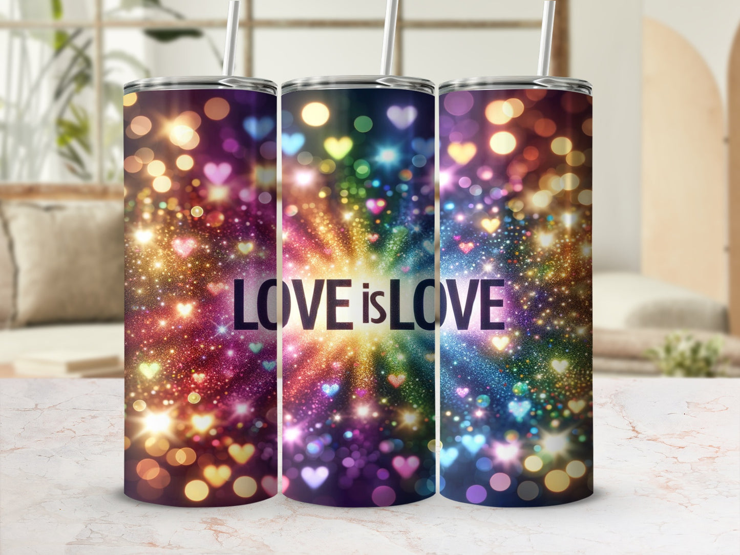 Three tumblers with "LOVE is LOVE" text and colorful bokeh heart lights.