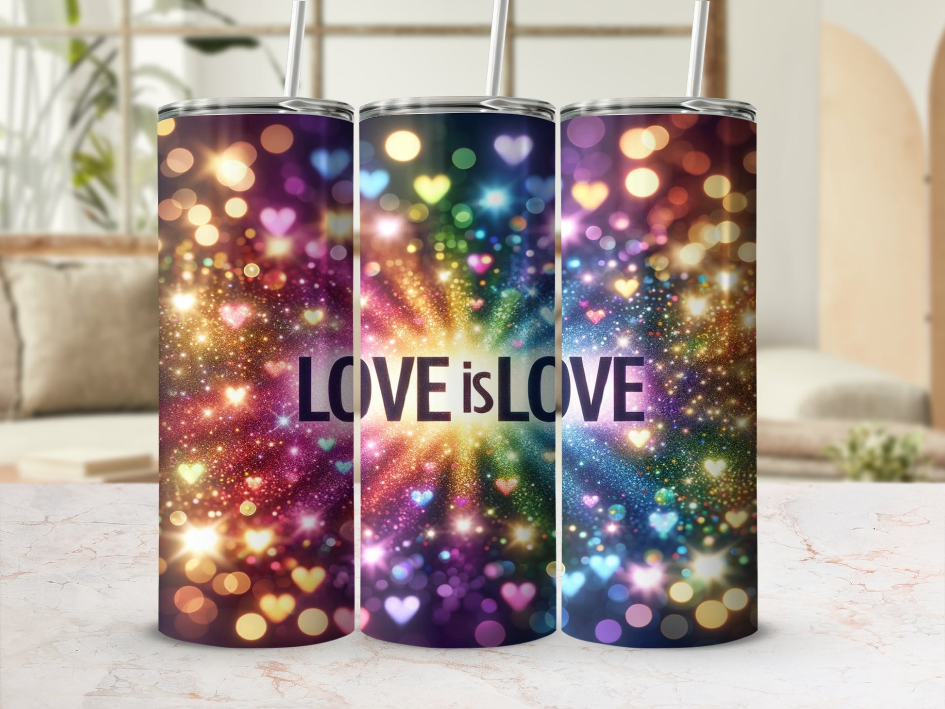 Three tumblers with "LOVE is LOVE" text and colorful bokeh heart lights.