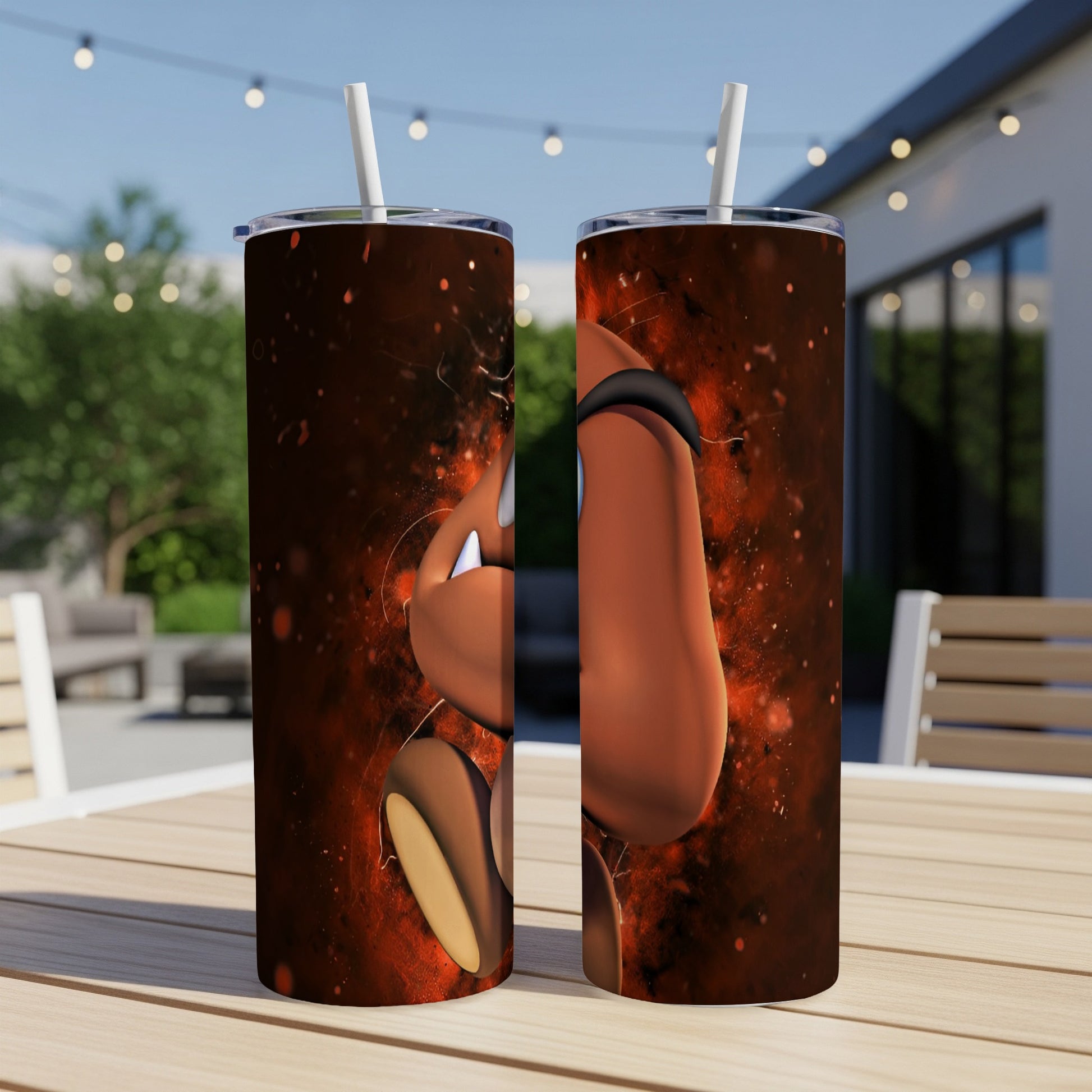 Brown cartoon character with glowing red background on two tumblers.