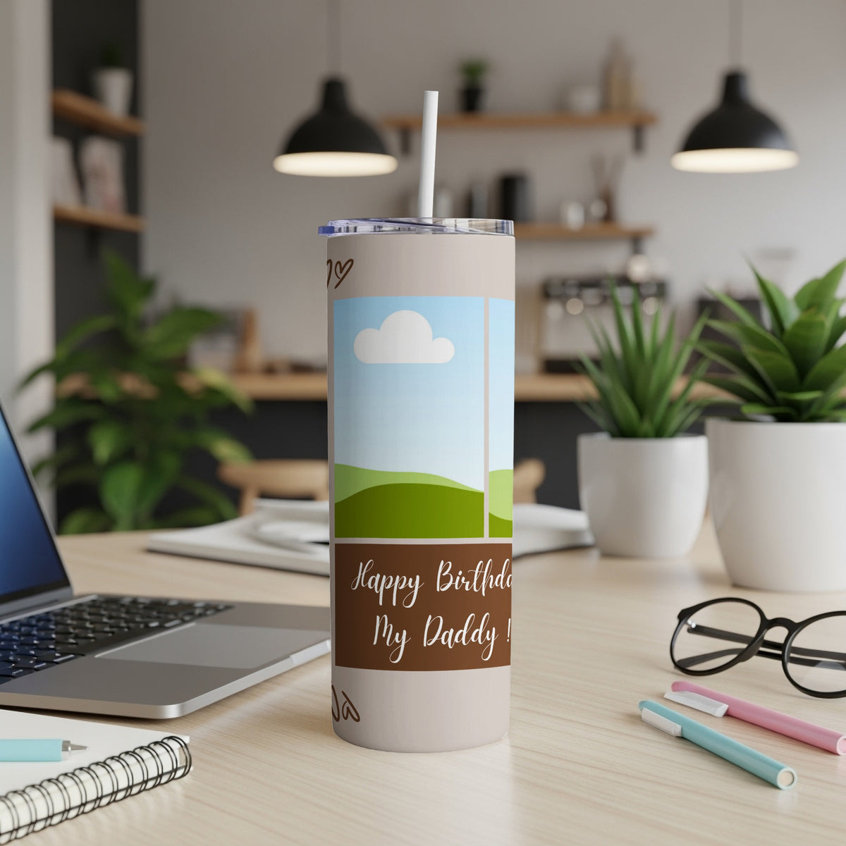 Light brown tumbler with sky, clouds, and hills design, reads "Happy Birthday My Daddy!"