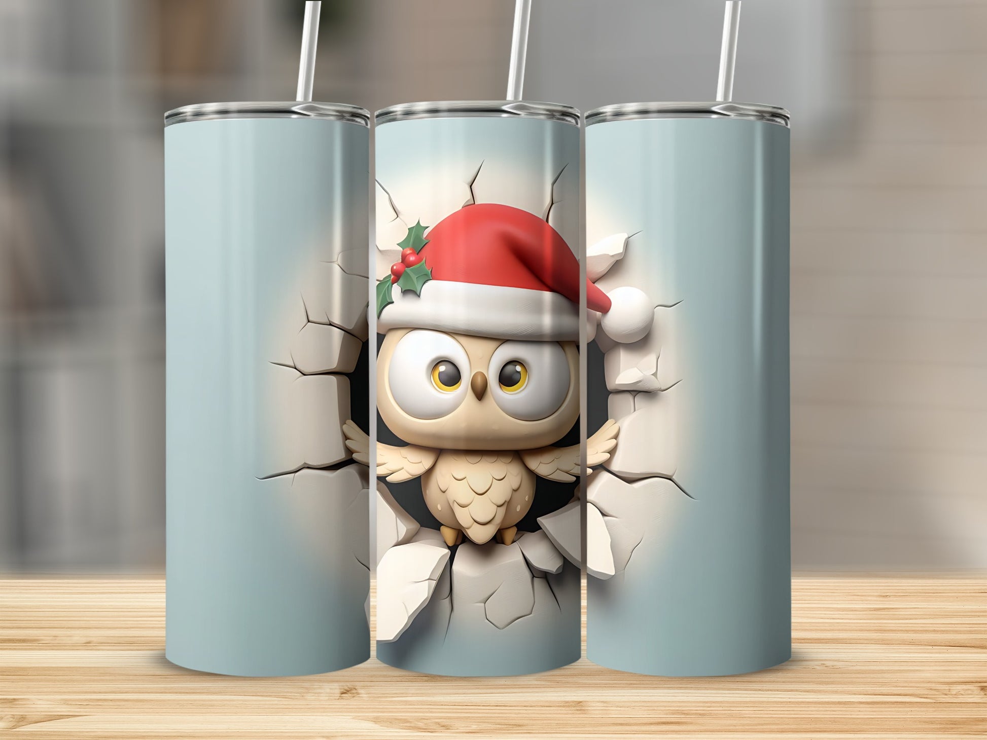 Cute owl wearing Santa hat peeking through cracked wall on tumbler.