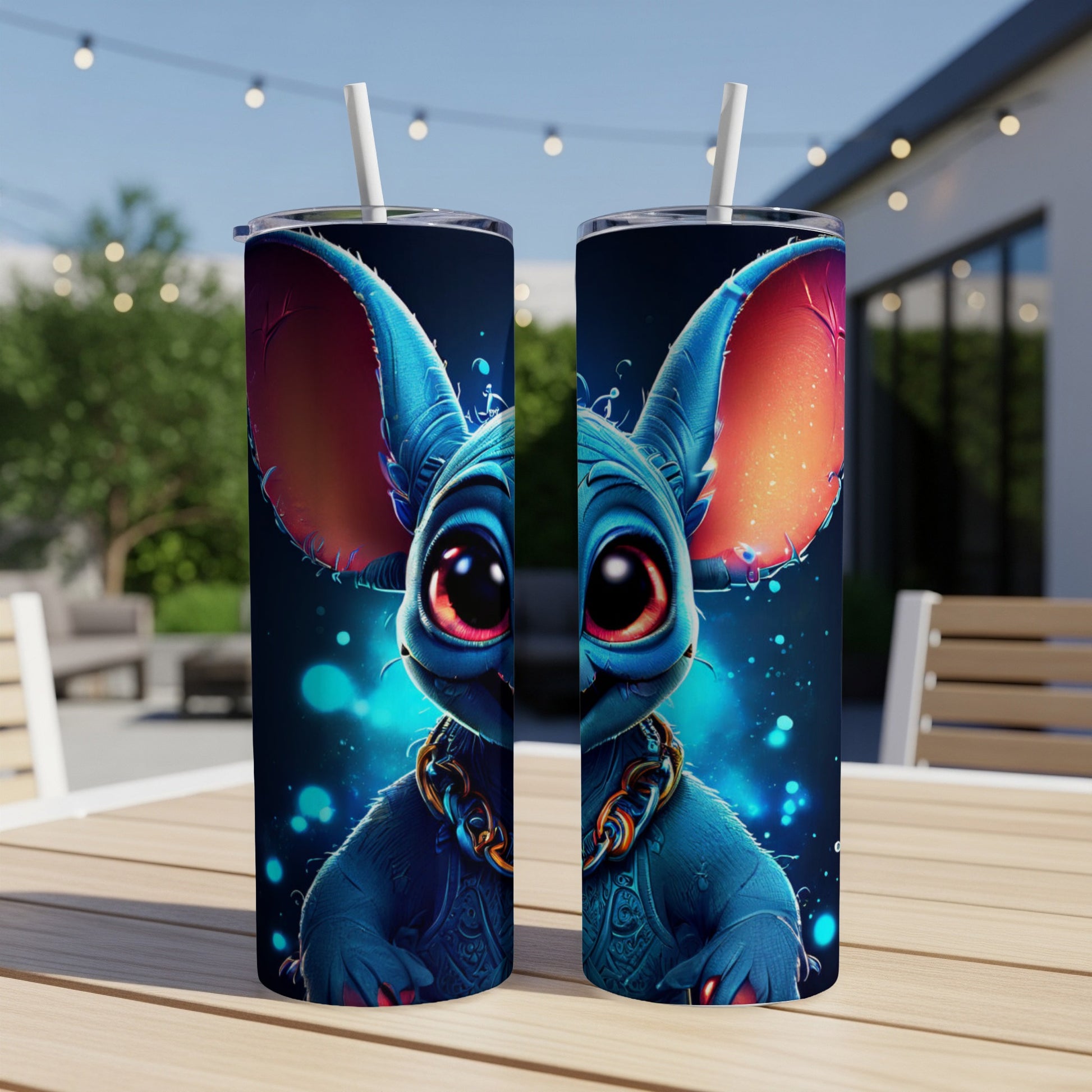 Blue cartoon creature with large eyes and ears wearing a gold chain on a tumbler.