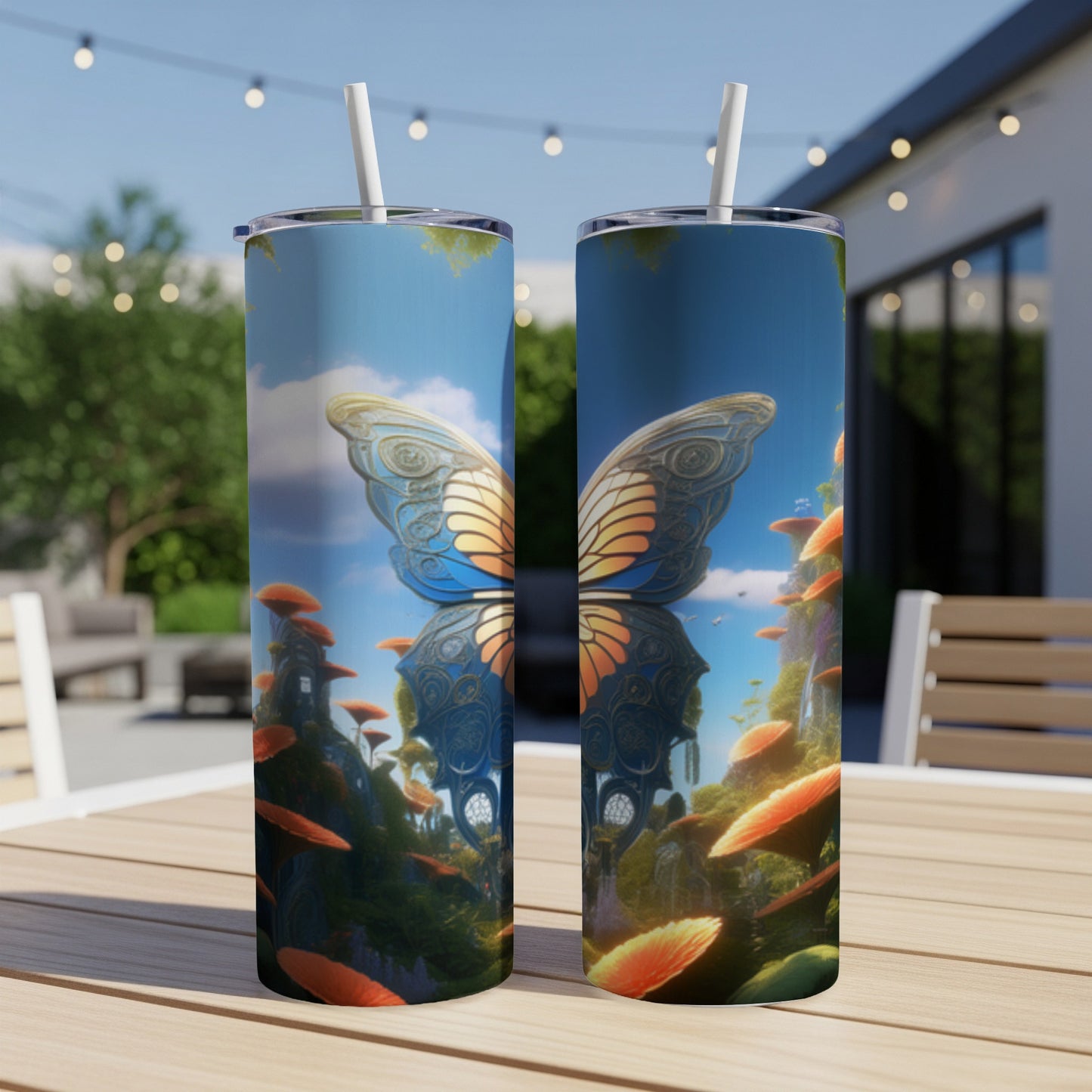 Two tumblers with a fantasy butterfly and mushroom landscape design.