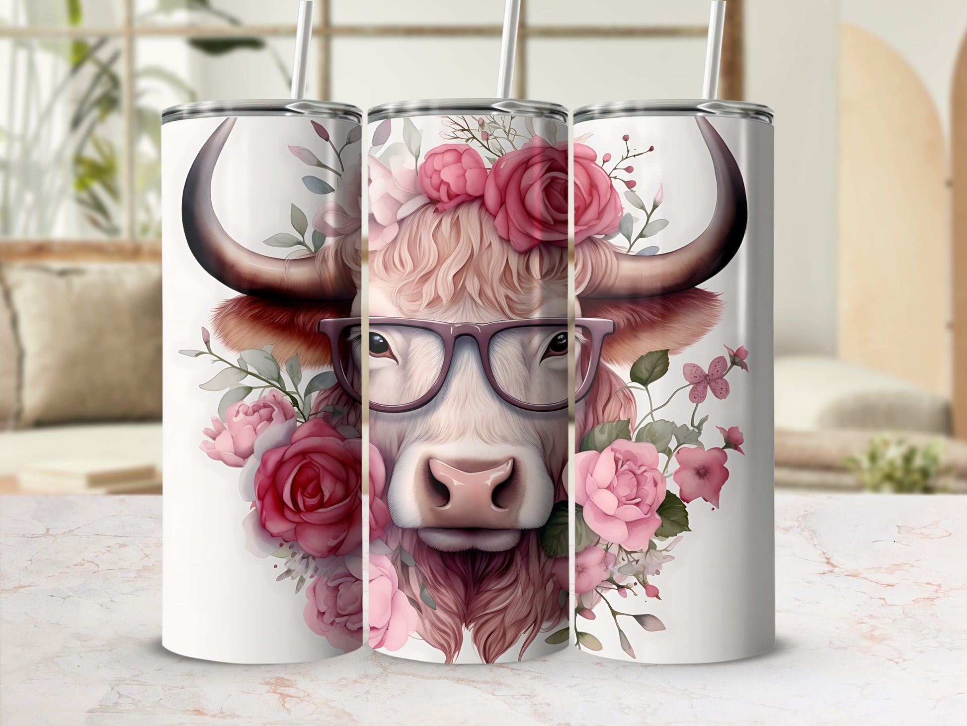 Bull with glasses and pink flowers, design on a tumbler.