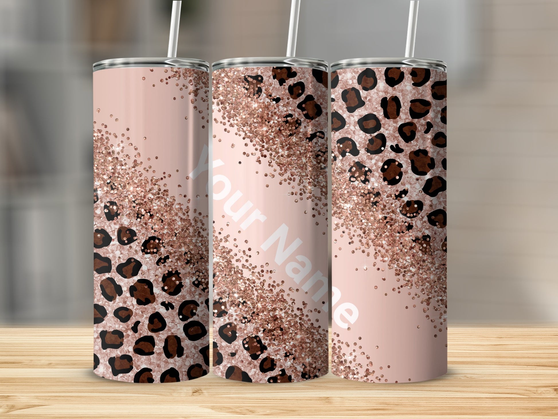 Personalized Glitter Leopard Print Tumbler Cup with Straw