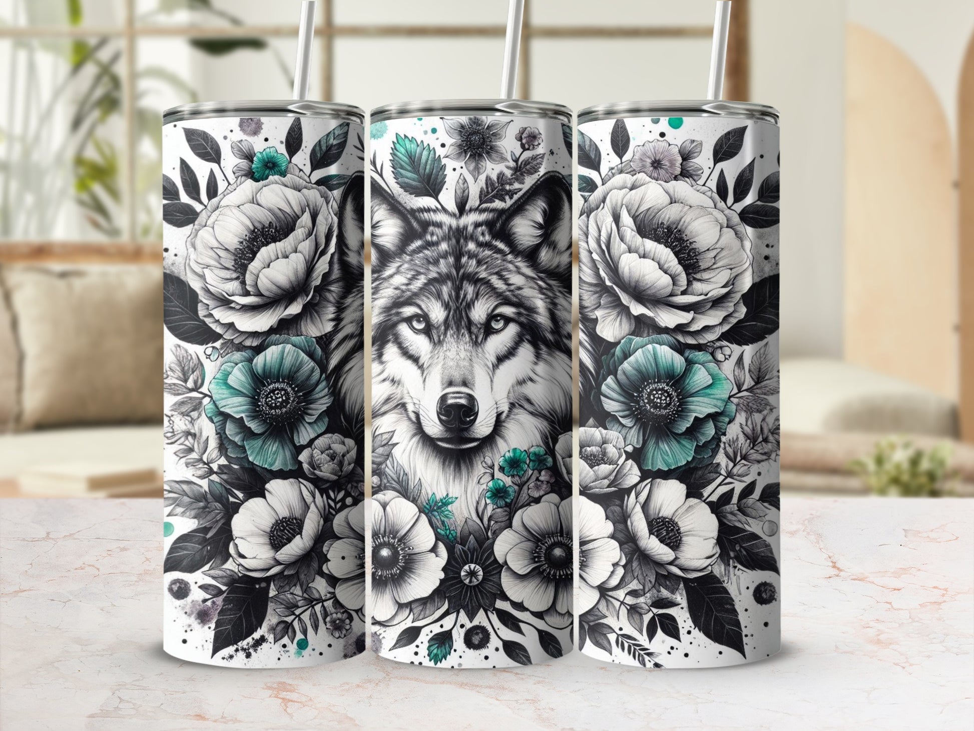 Wolf Floral Design Teal Accents Tumbler Product Type