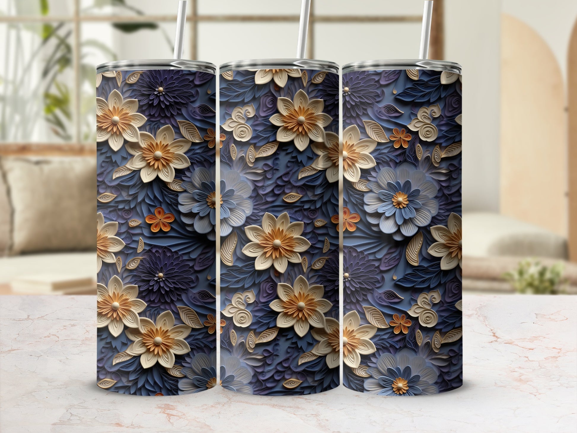 Elegant Floral Design on Blue Background Tumbler