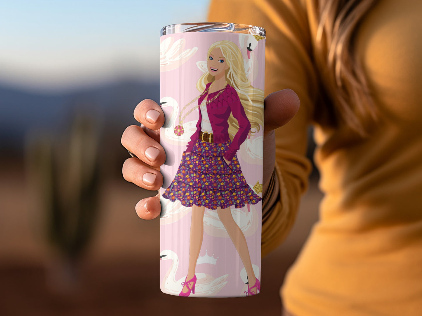 Barbie Girl with Swans Crowns Pattern on Pink Background Tumblers