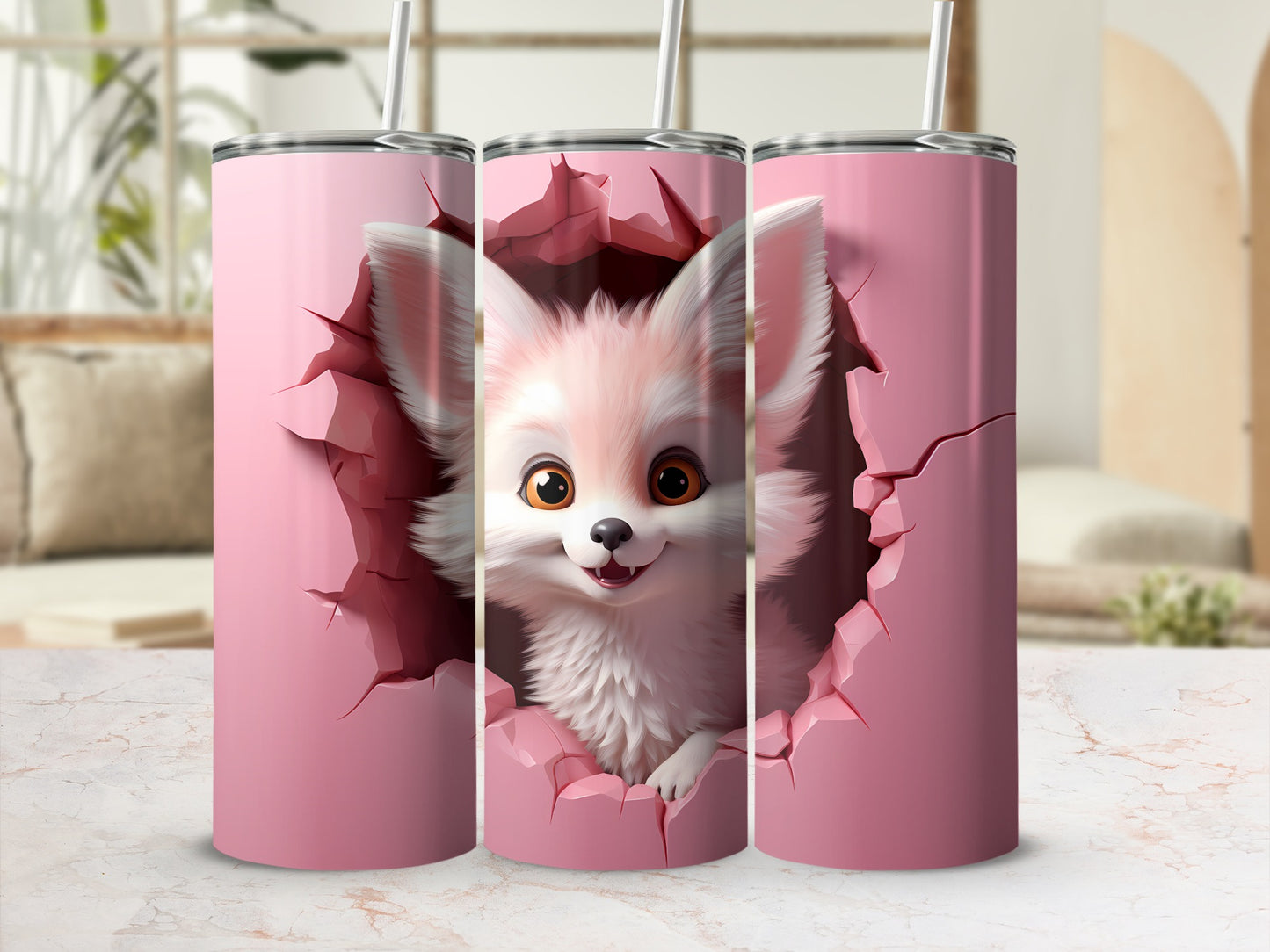 Adorable Fox Peeking Through Pink Wall Tumbler Cup