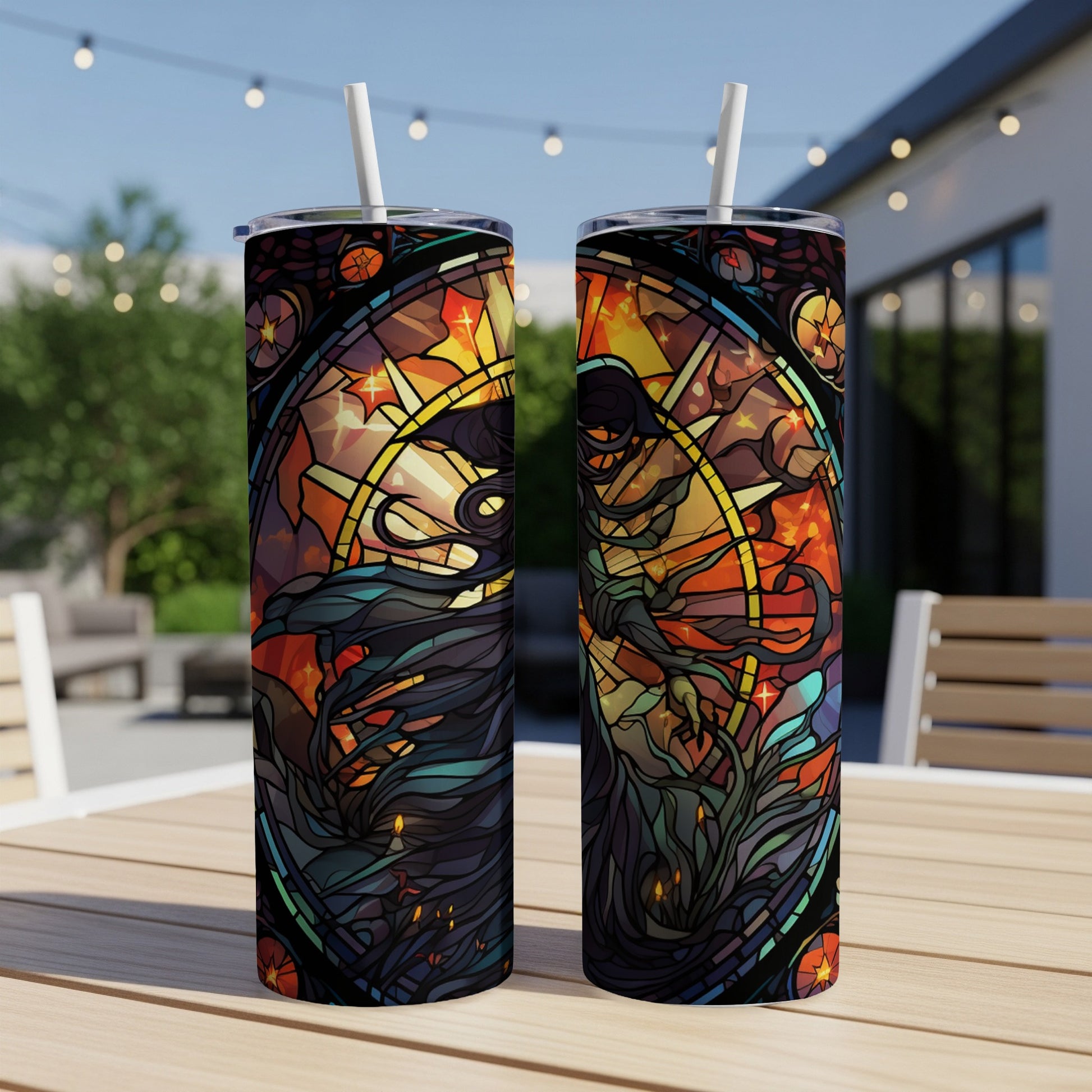 Two stained-glass style tumblers with grim reaper and sun design.