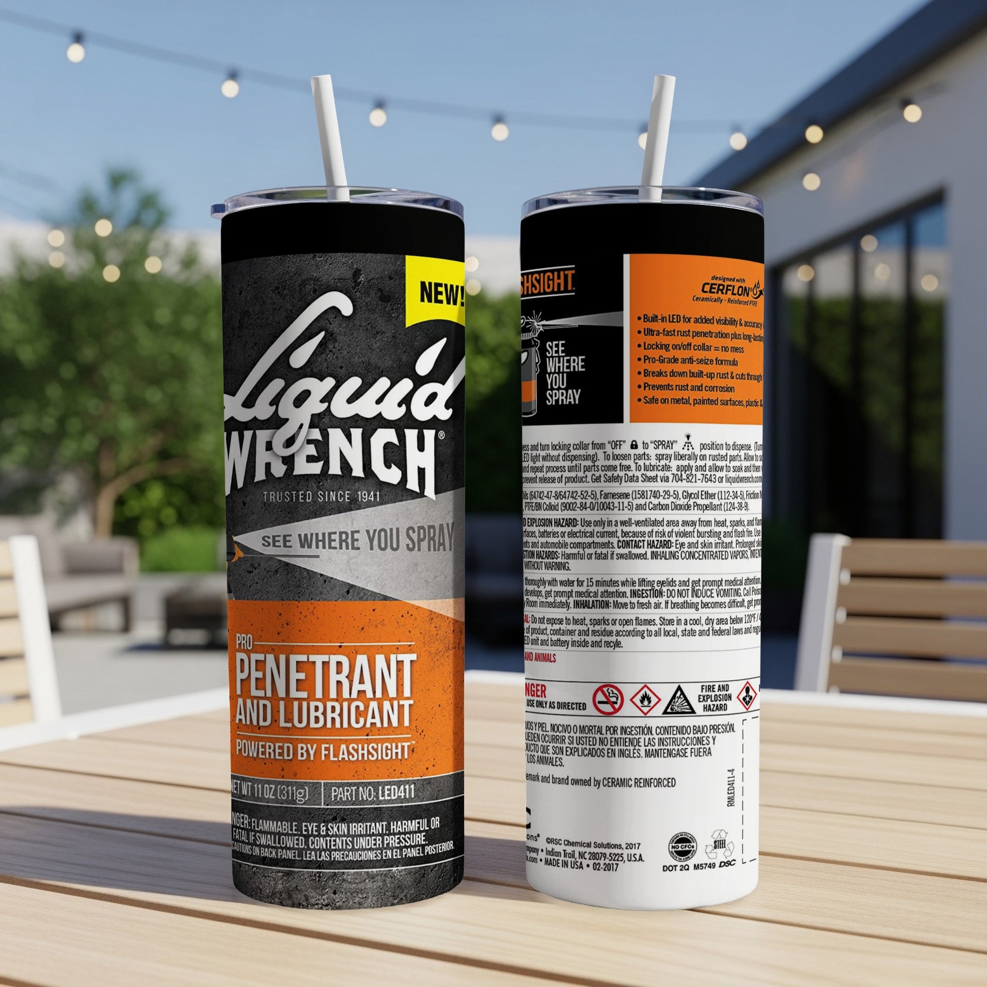 Liquid Wrench penetrant and lubricant can with LED, "See Where You Spray" text.