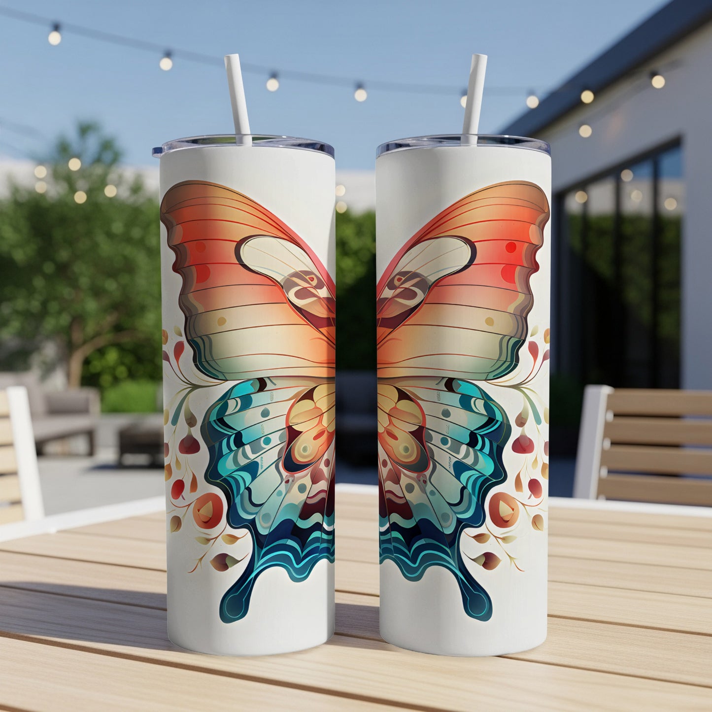 Two tumblers with a colorful butterfly wing design on a wooden table.