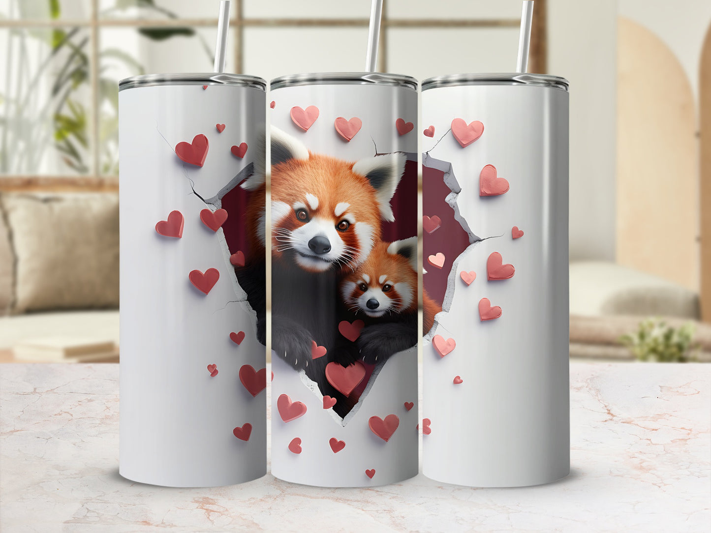 Two red pandas peek through a heart-shaped tear on a white tumbler.