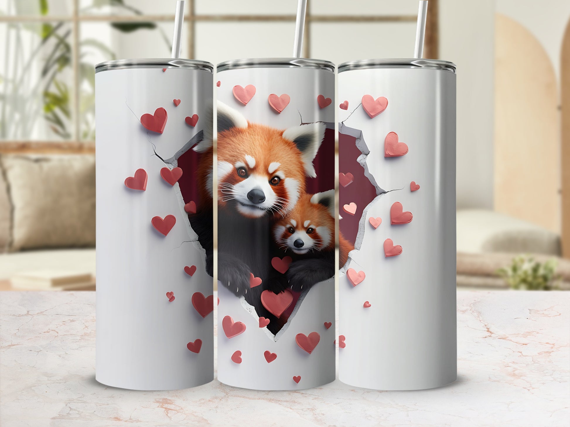 Two red pandas peek through a heart-shaped tear on a white tumbler.