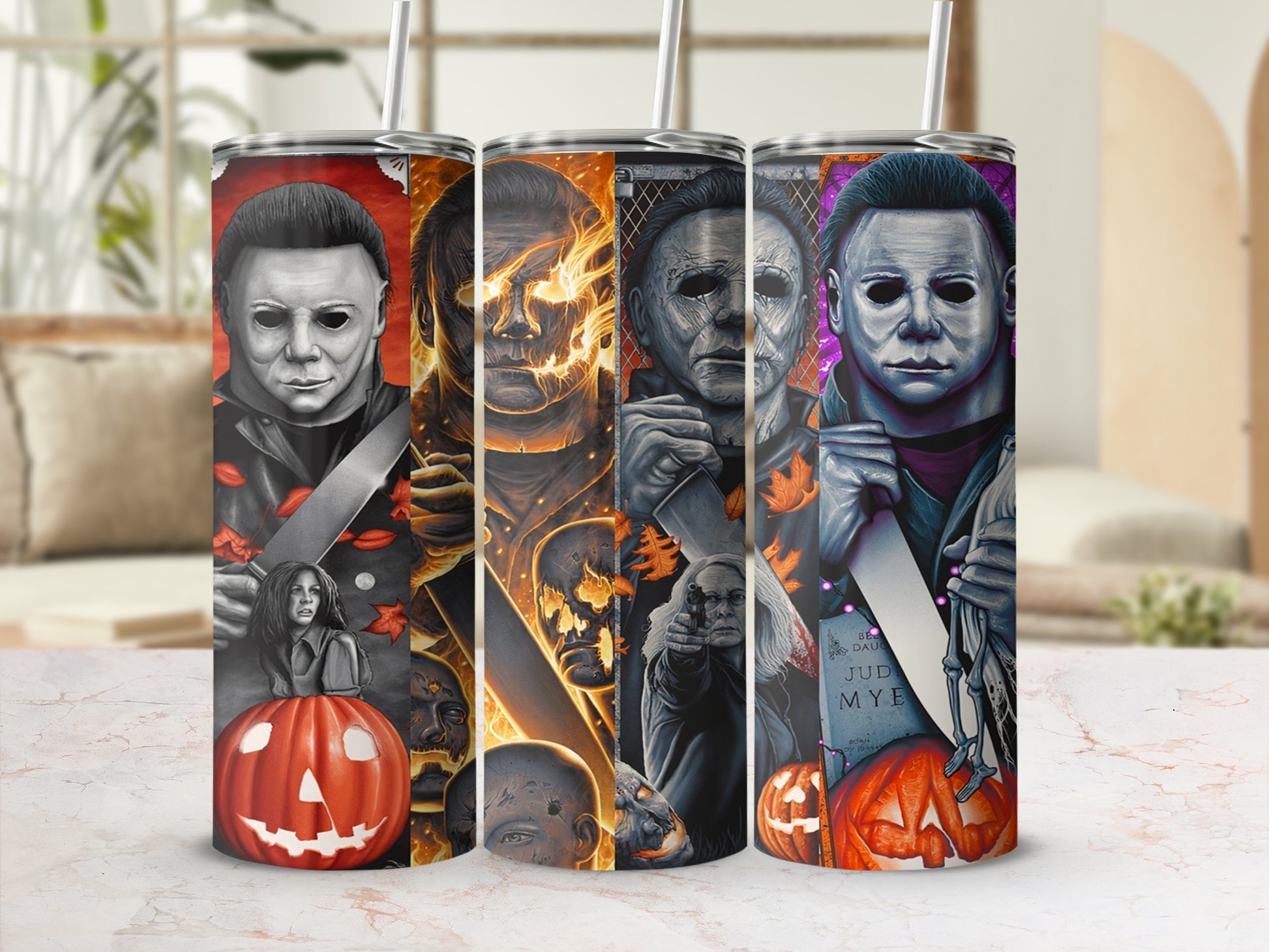 Michael Myers tumbler with Halloween imagery and pumpkins.