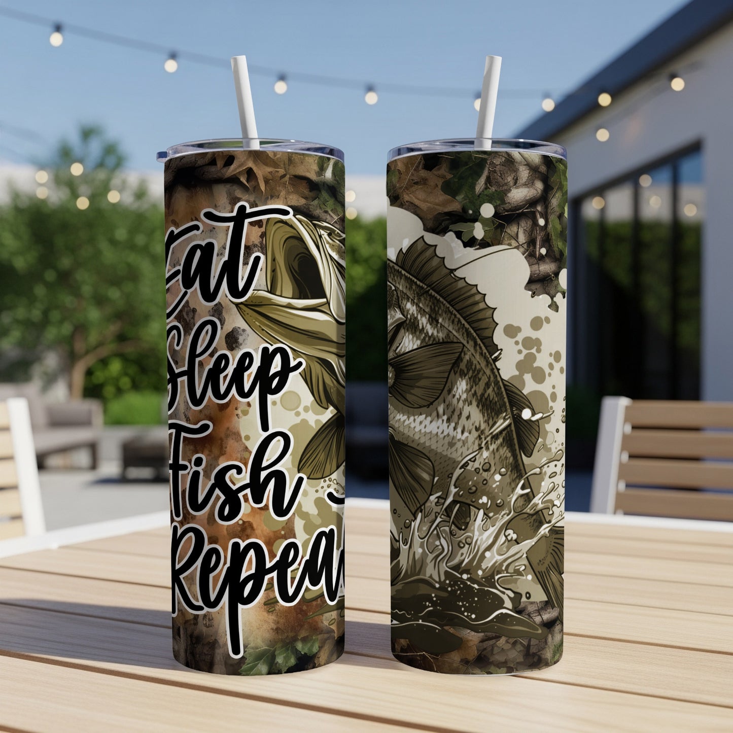 Camouflage tumbler with bass fish graphic and "Eat Sleep Fish Repeat" text.