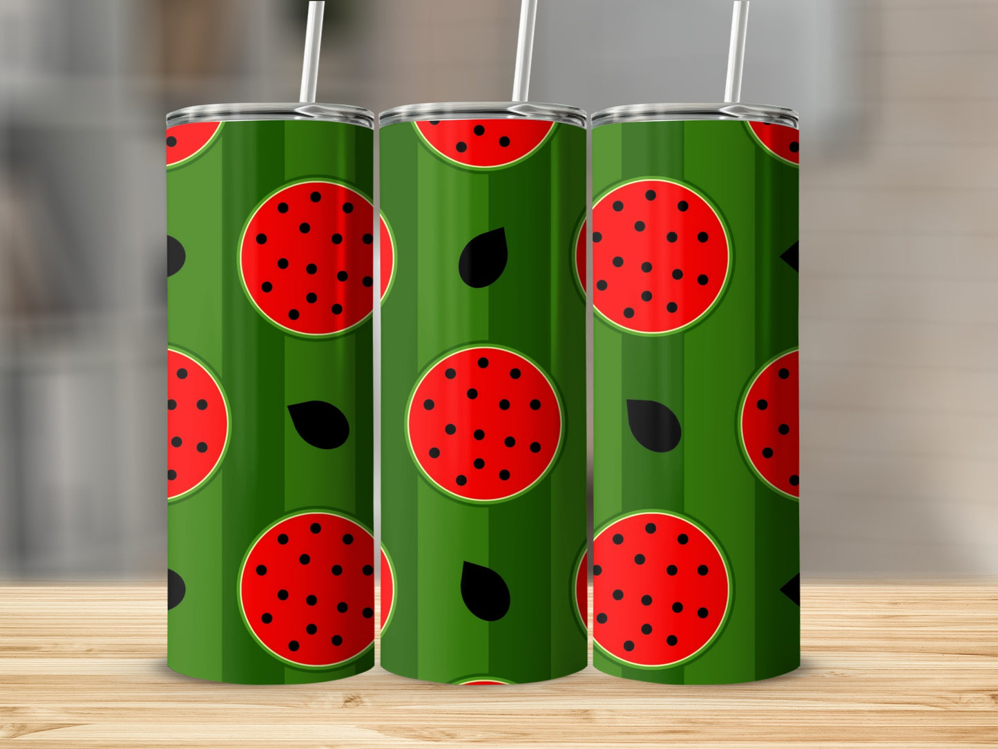 Three tumblers with a repeating watermelon slice and seed pattern.