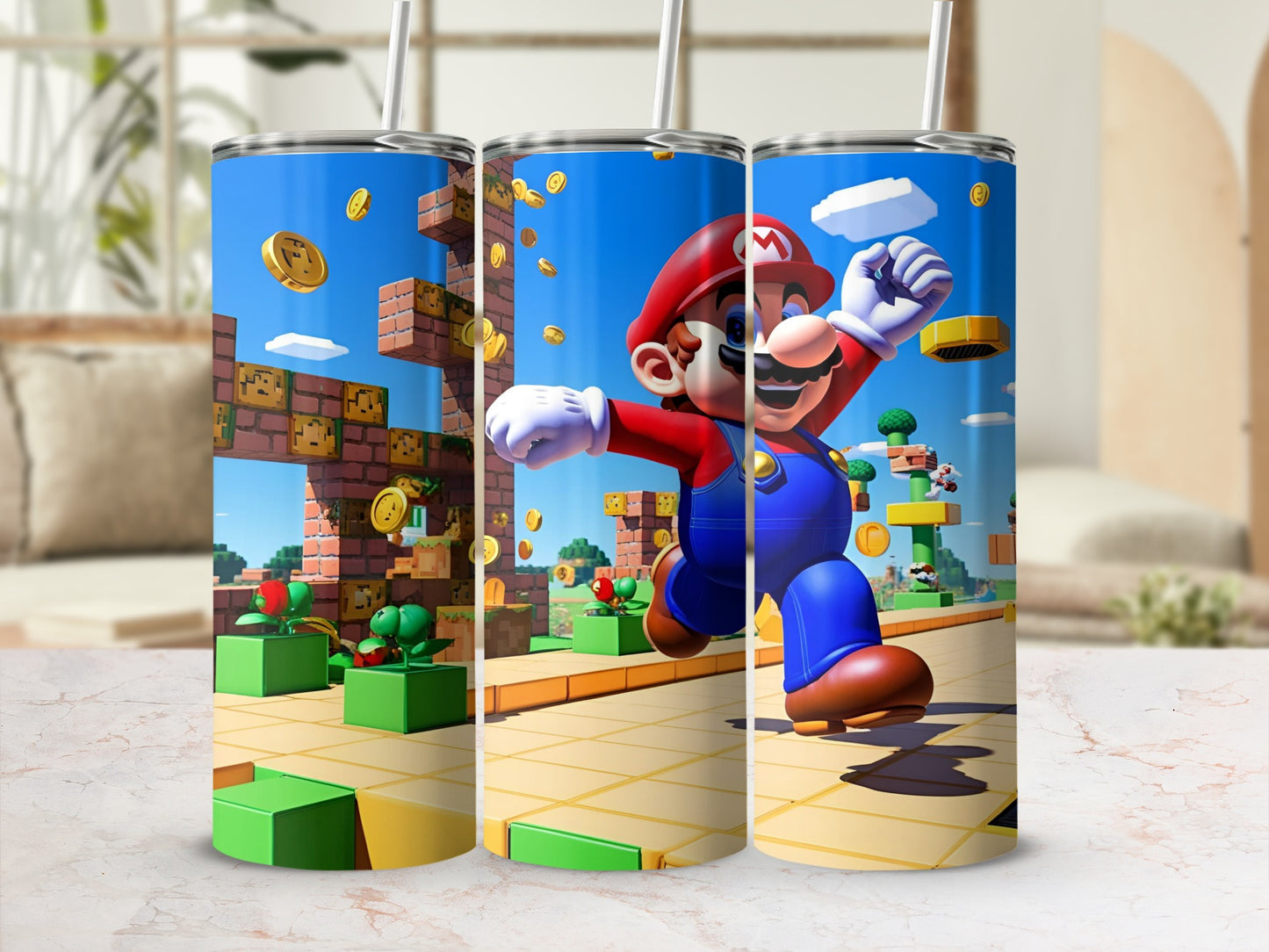 Mario running on a level with coins and Goombas, Super Mario Bros.