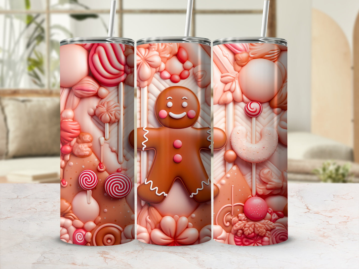 Gingerbread and Candy Themed Tumbler with Straw