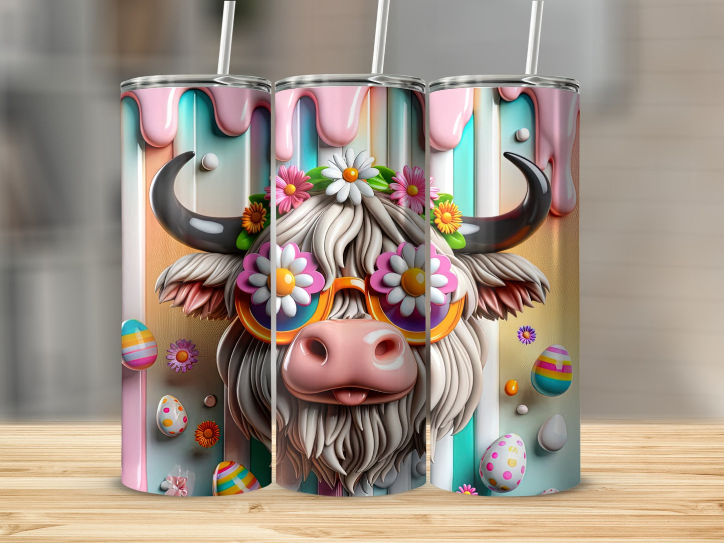 Tuscan cow with sunglasses and Easter eggs, colorful dripping paint background.